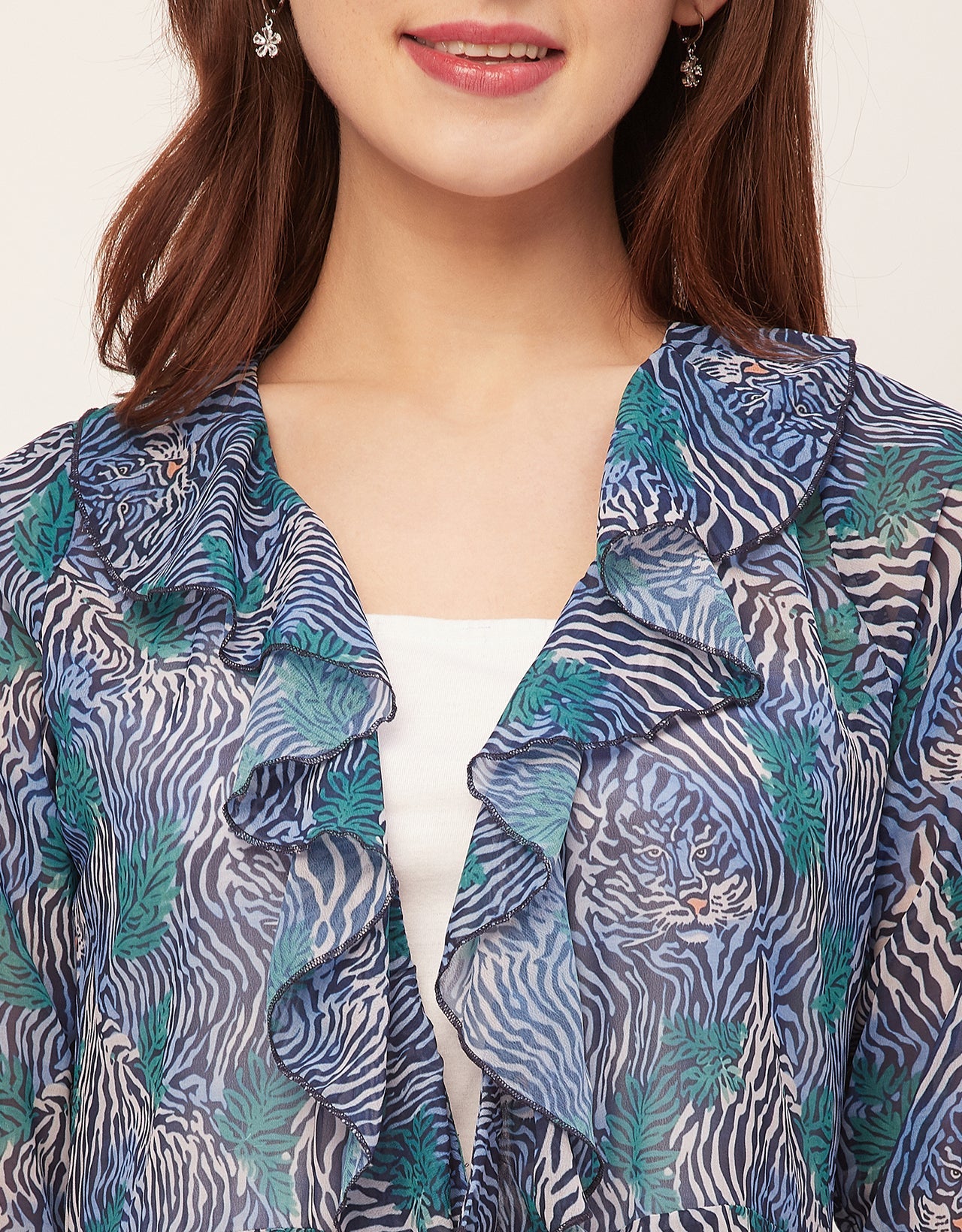 Long Sleeves V Neck Ruffle Printed Shrug