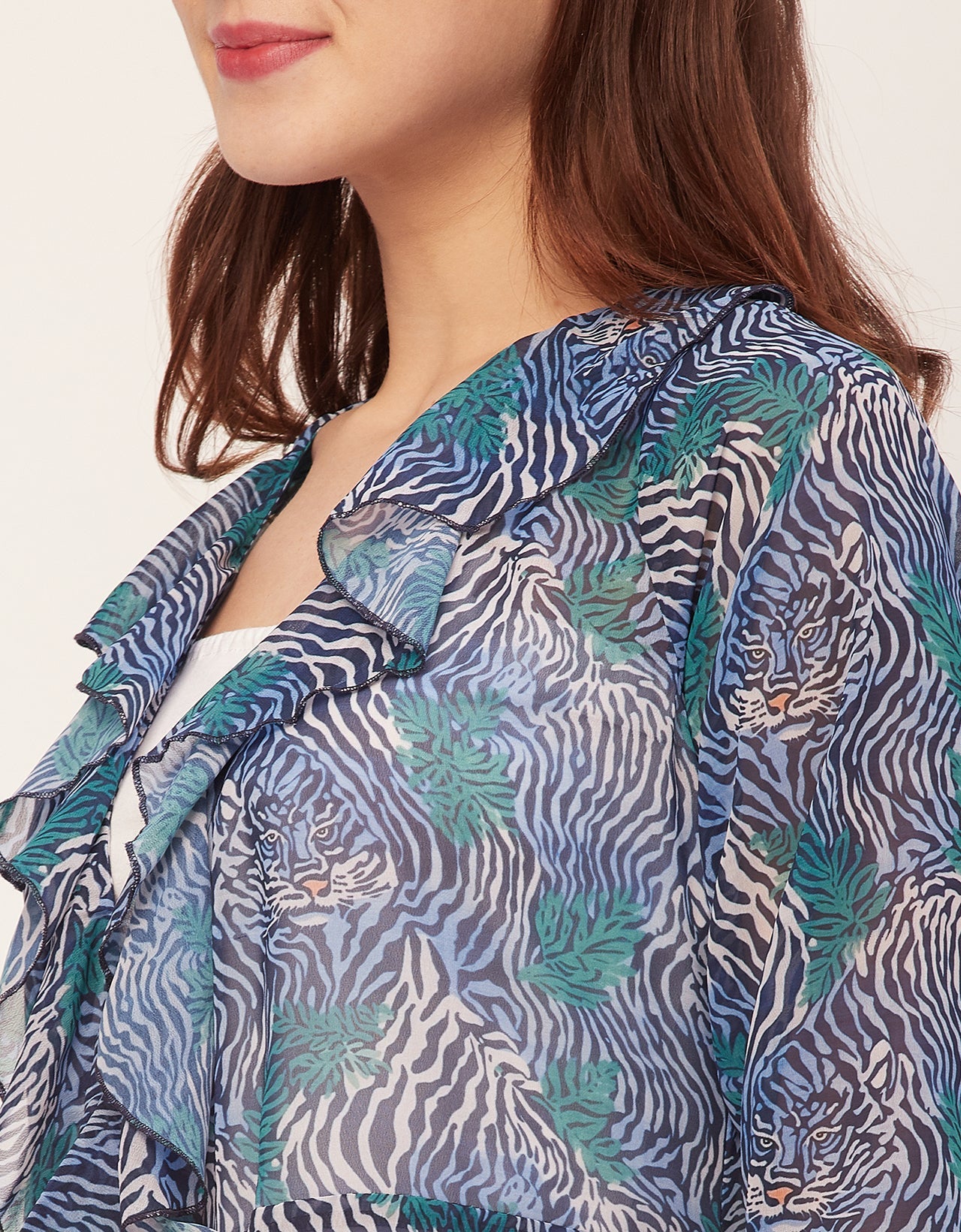 Long Sleeves V Neck Ruffle Printed Shrug