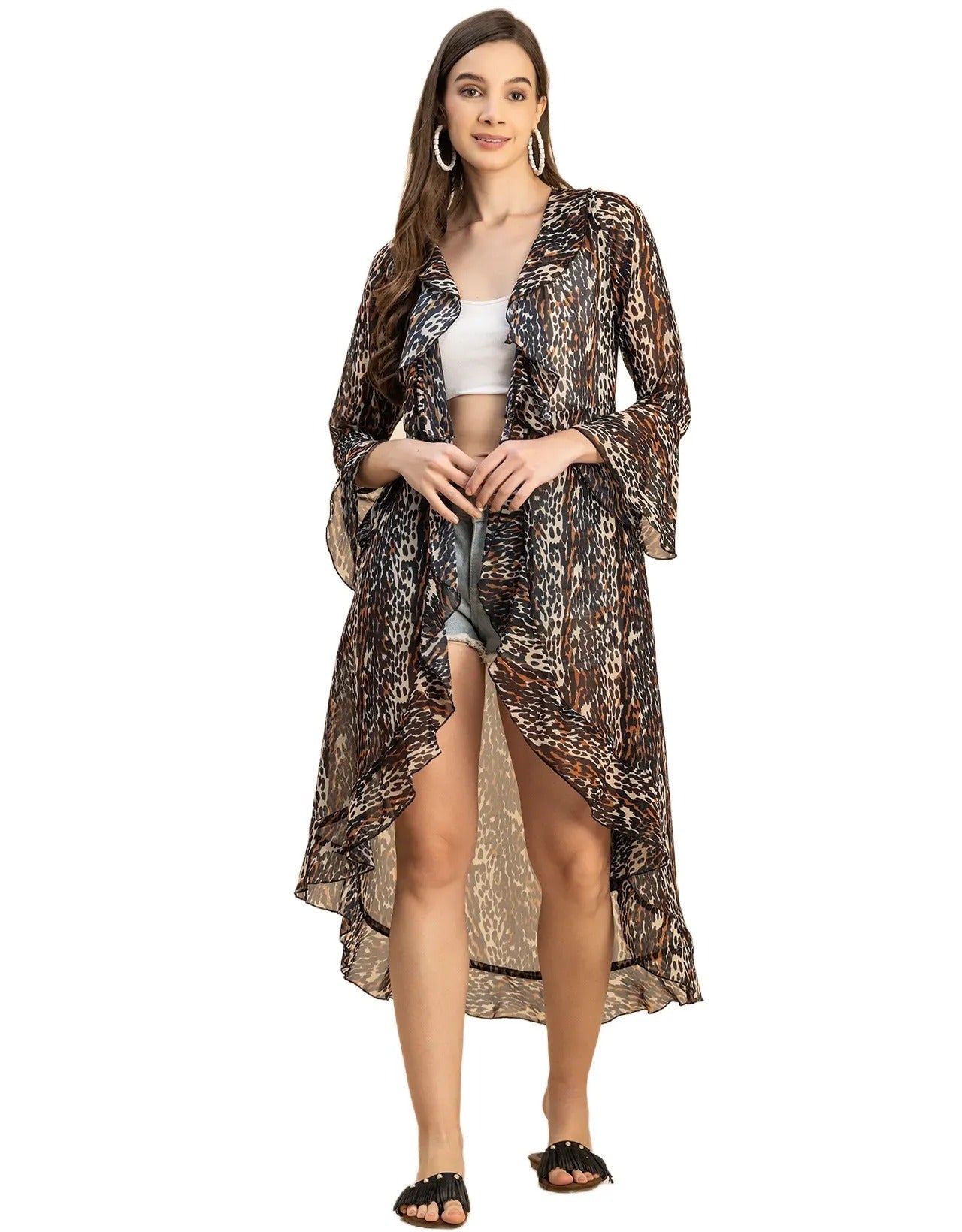 Long Sleeves V Neck Ruffle Printed Shrug