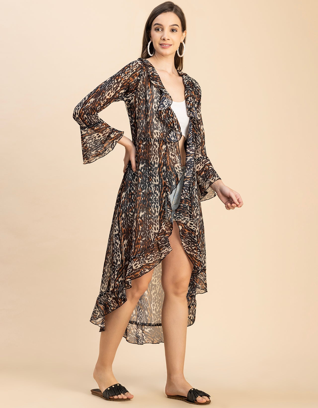 Long Sleeves V Neck Ruffle Printed Shrug