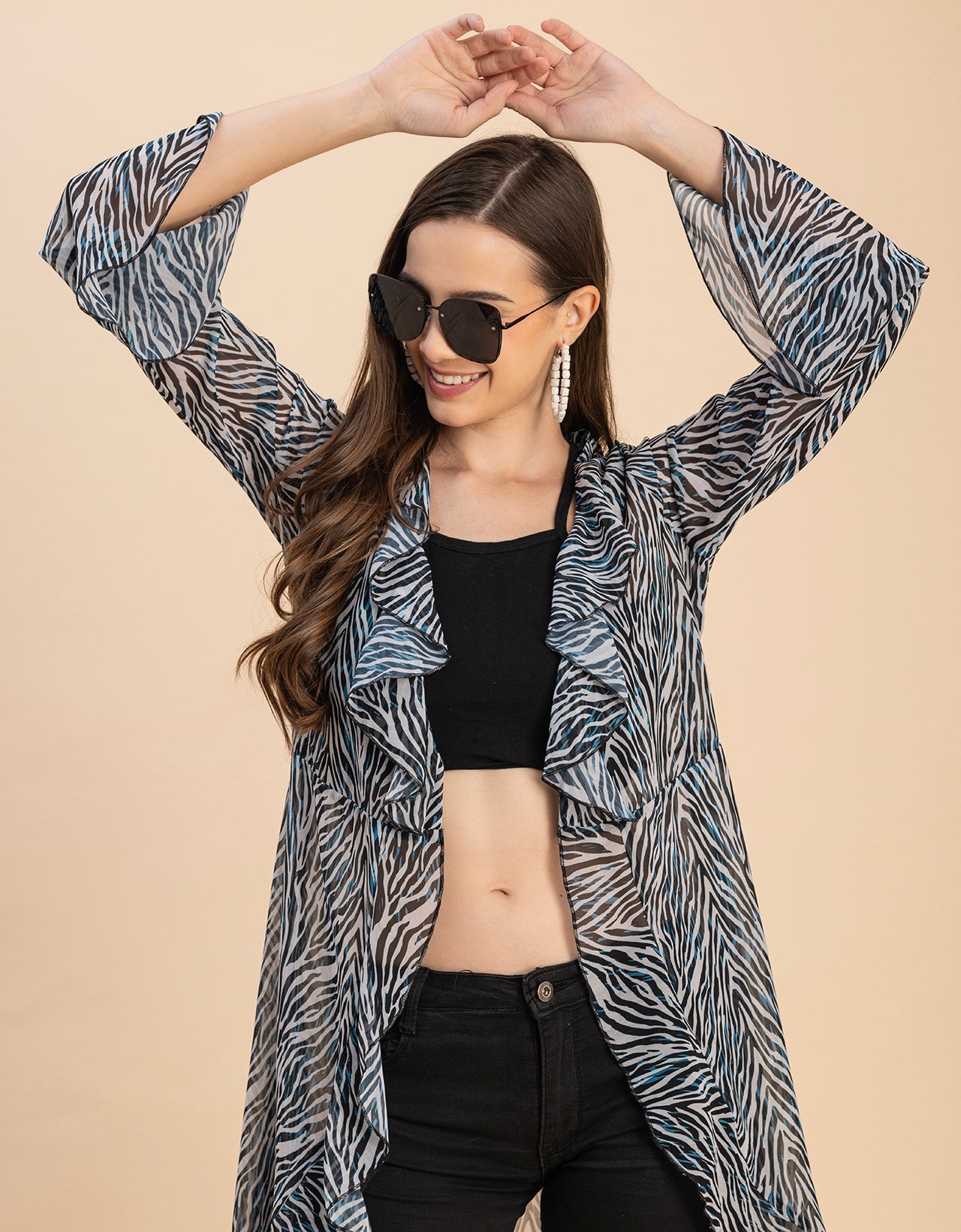 Long Sleeves V Neck Ruffle Printed Shrug