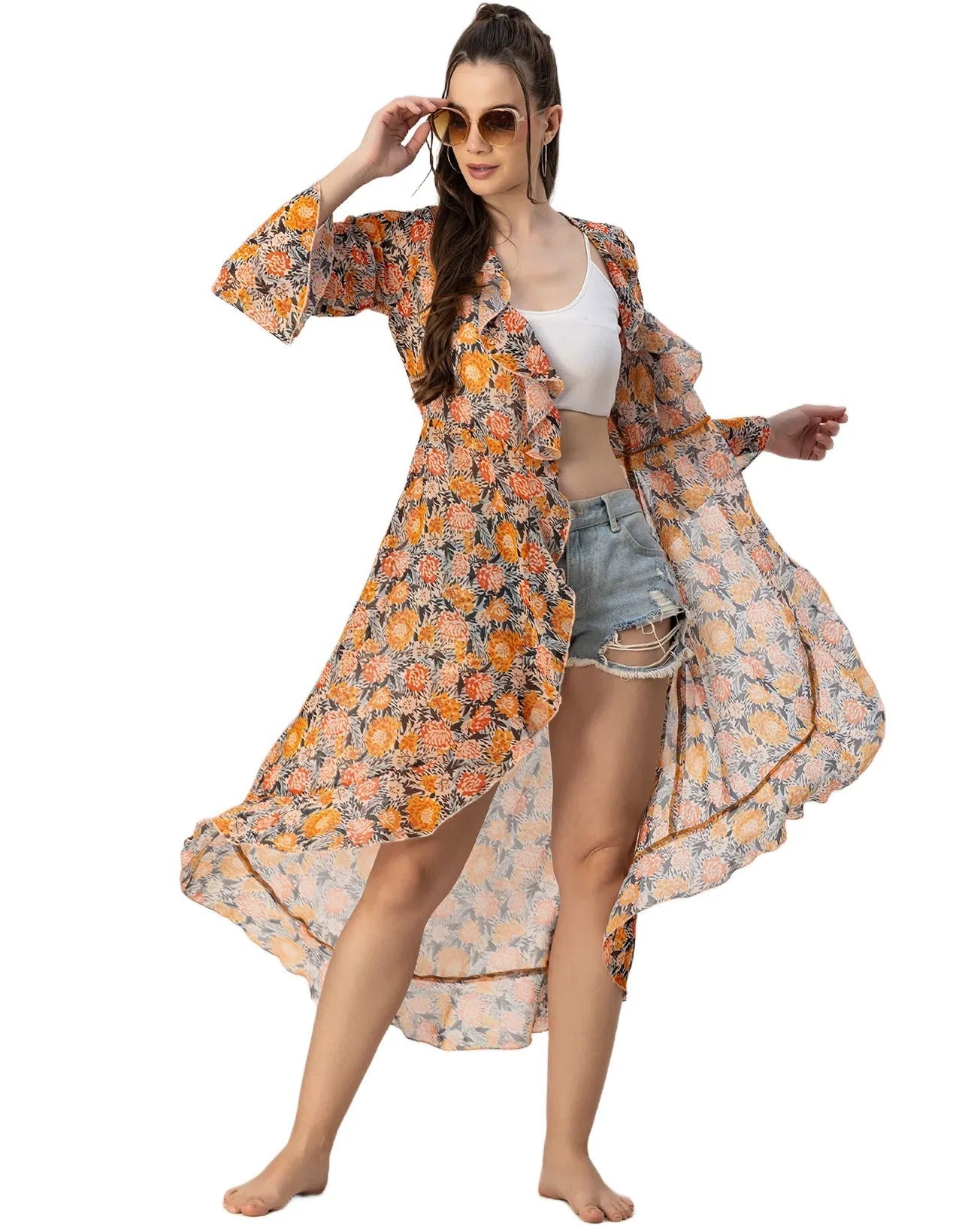 Long Sleeves V Neck Ruffle Printed Shrug