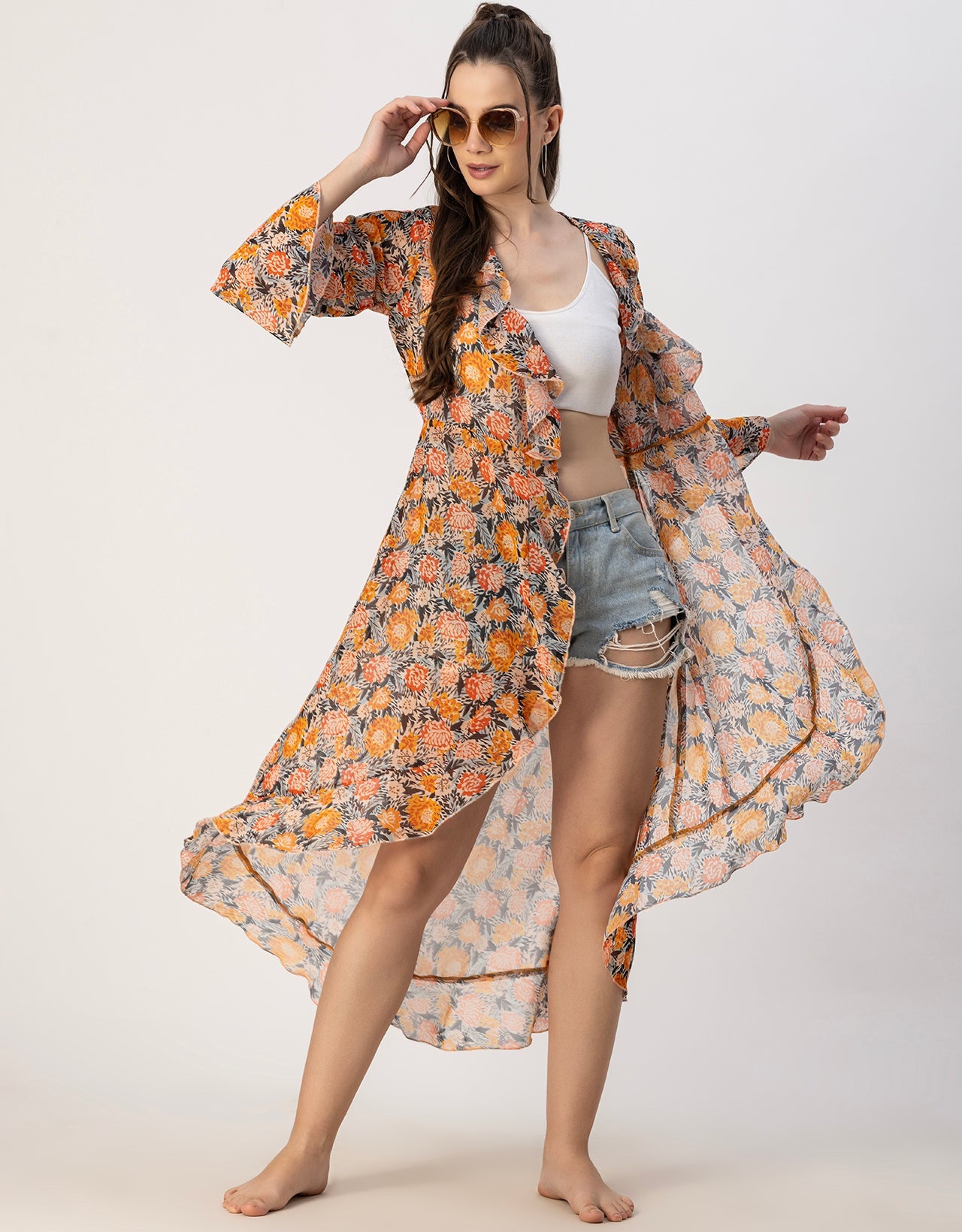 Long Sleeves V Neck Ruffle Printed Shrug