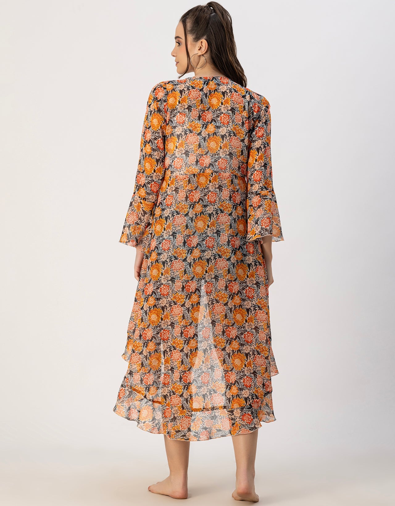 Long Sleeves V Neck Ruffle Printed Shrug