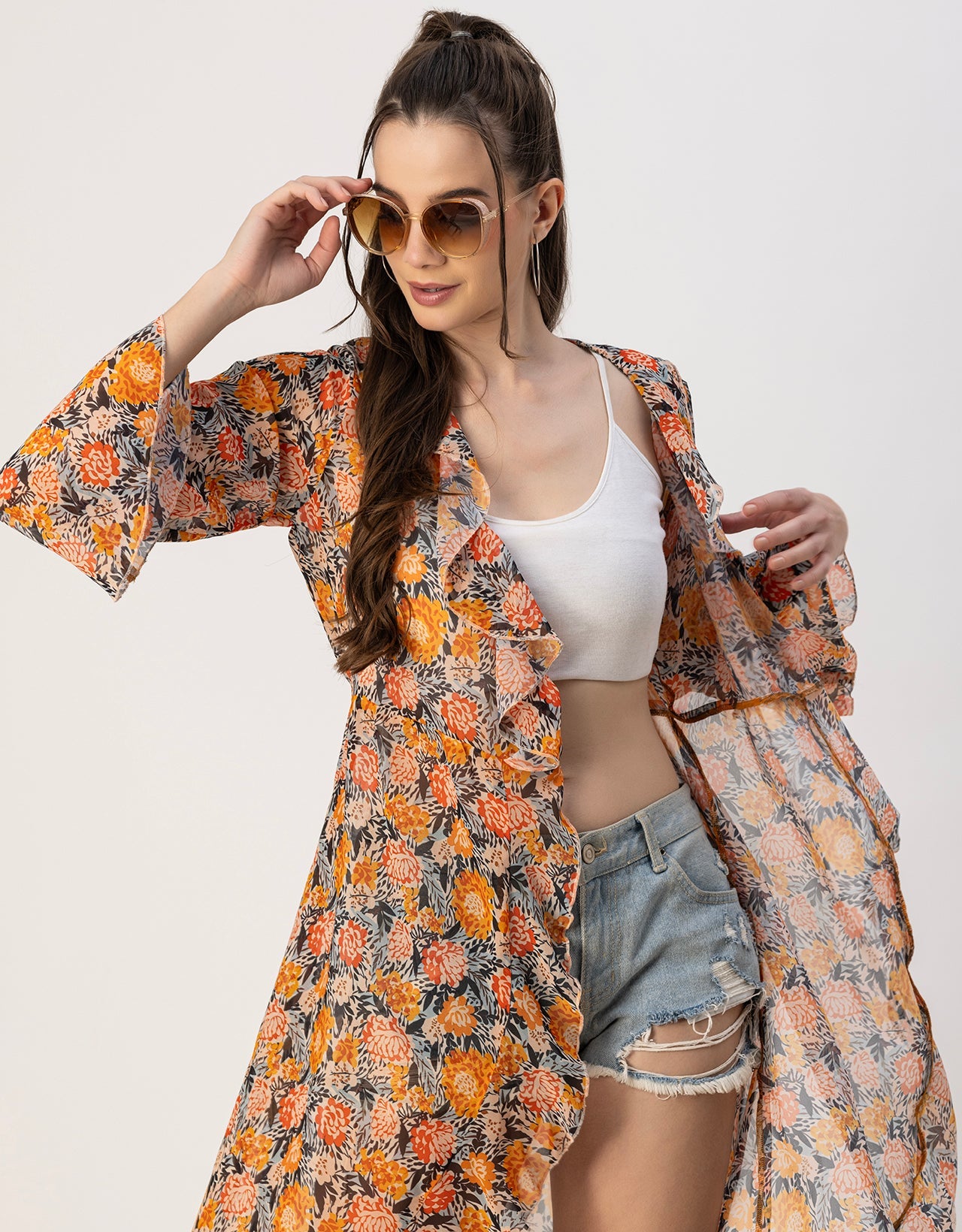 Long Sleeves V Neck Ruffle Printed Shrug