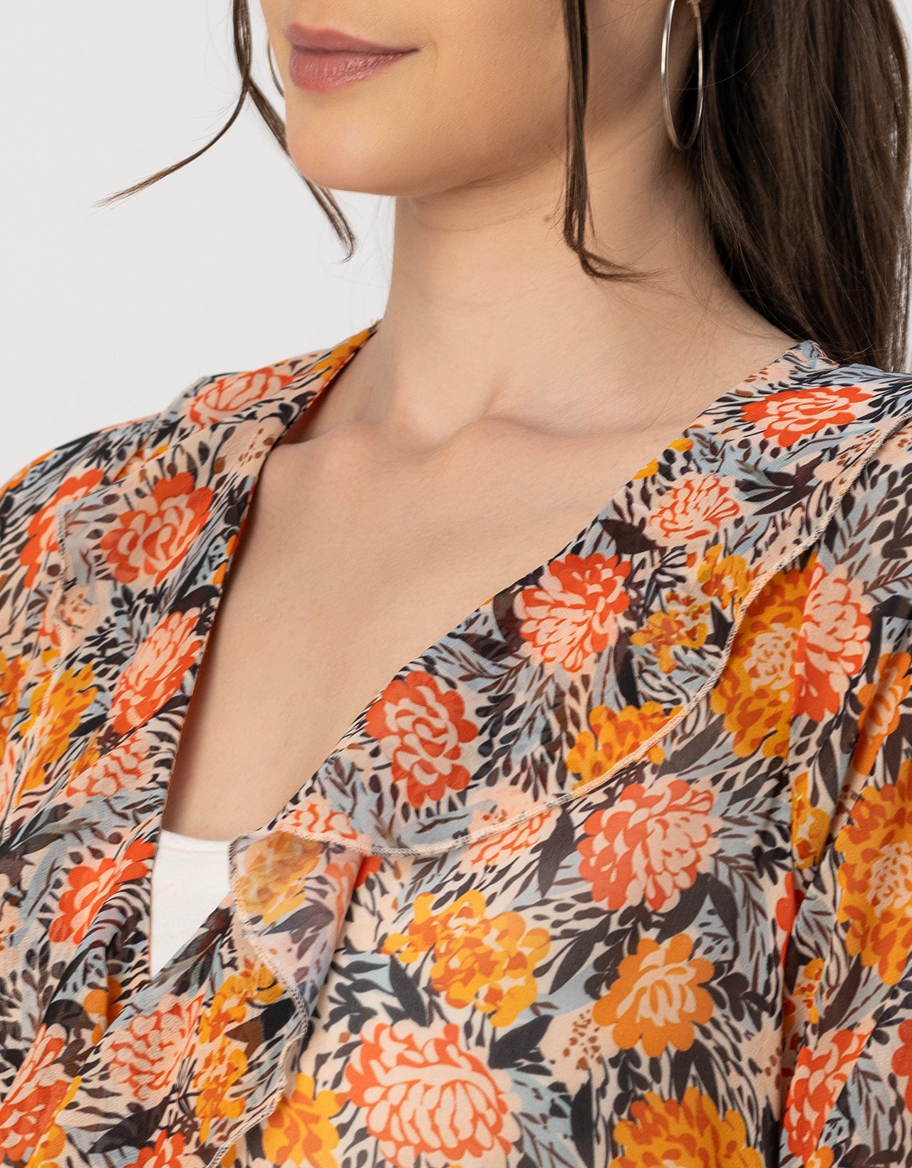 Long Sleeves V Neck Ruffle Printed Shrug