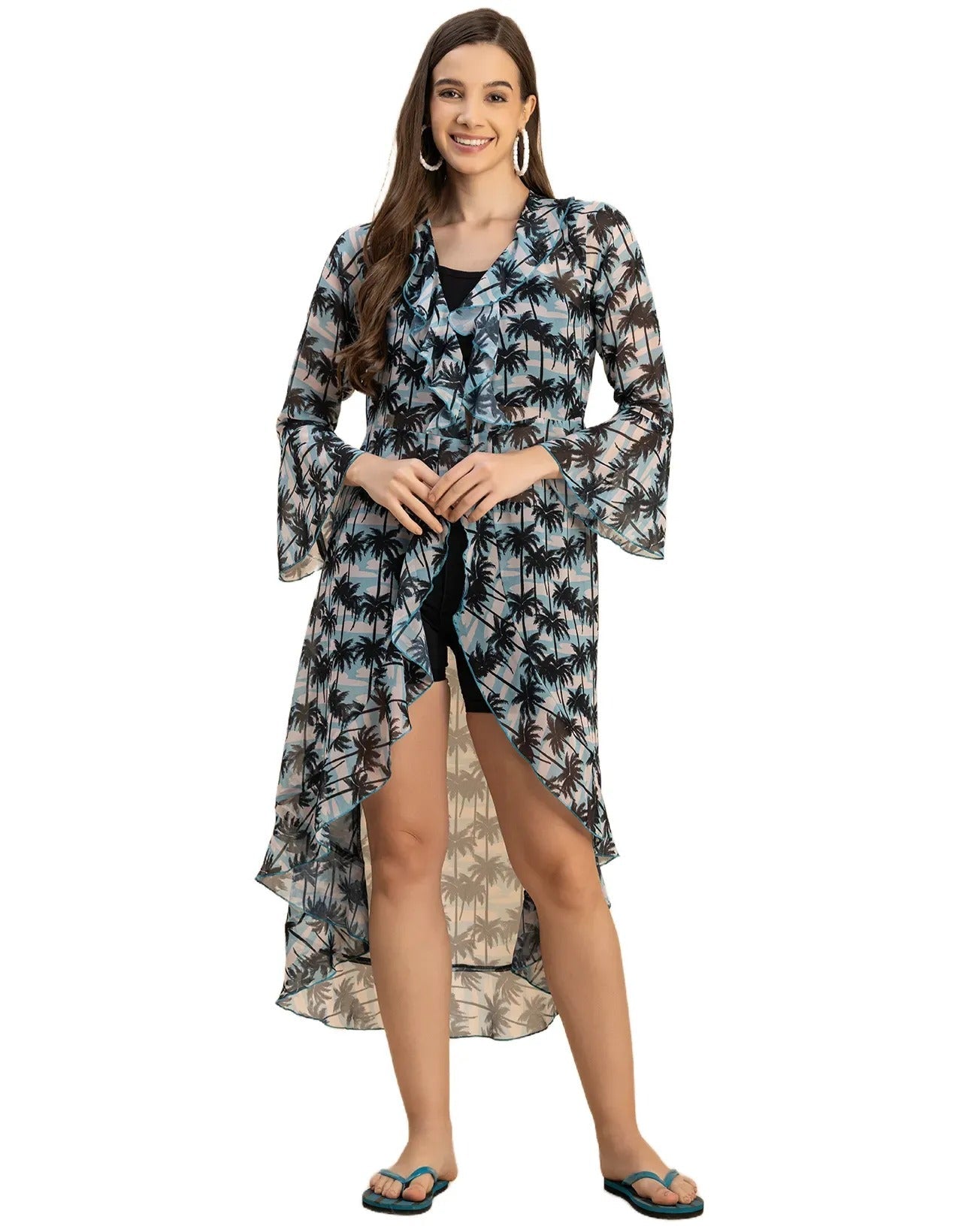 Long Sleeves V Neck Ruffle Printed Shrug