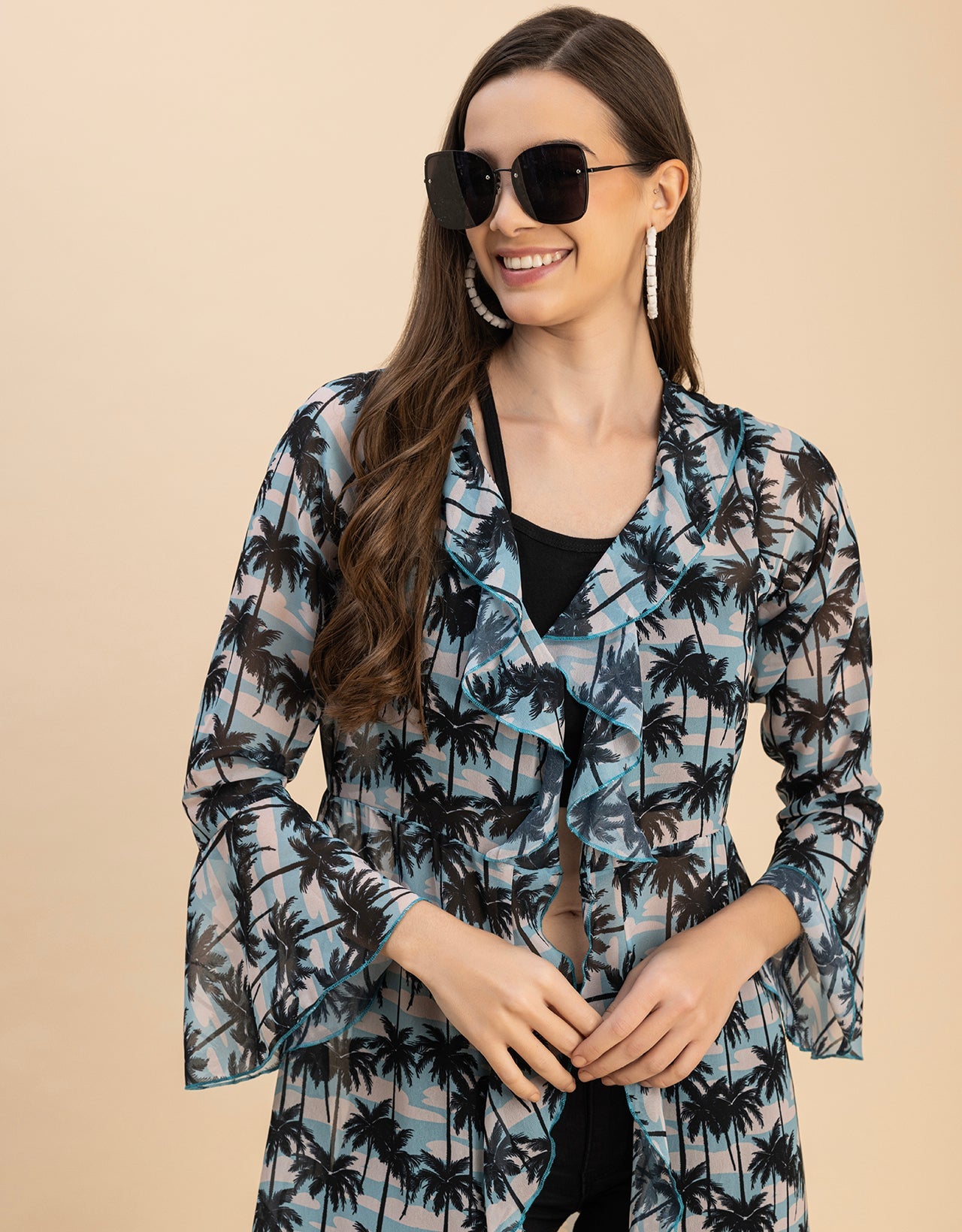 Long Sleeves V Neck Ruffle Printed Shrug