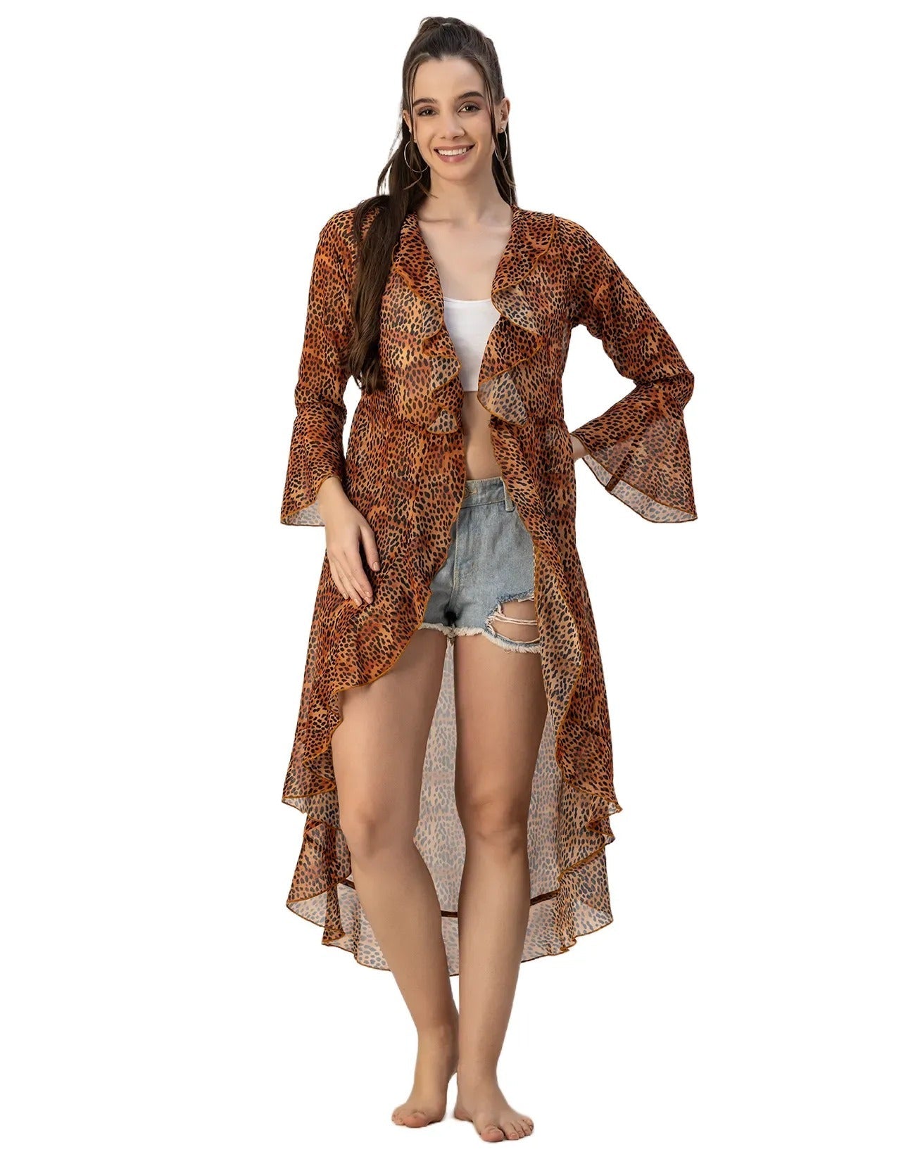 Long Sleeves V Neck Ruffle Printed Shrug