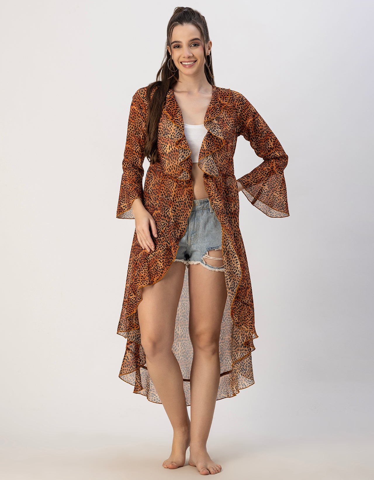 Long Sleeves V Neck Ruffle Printed Shrug
