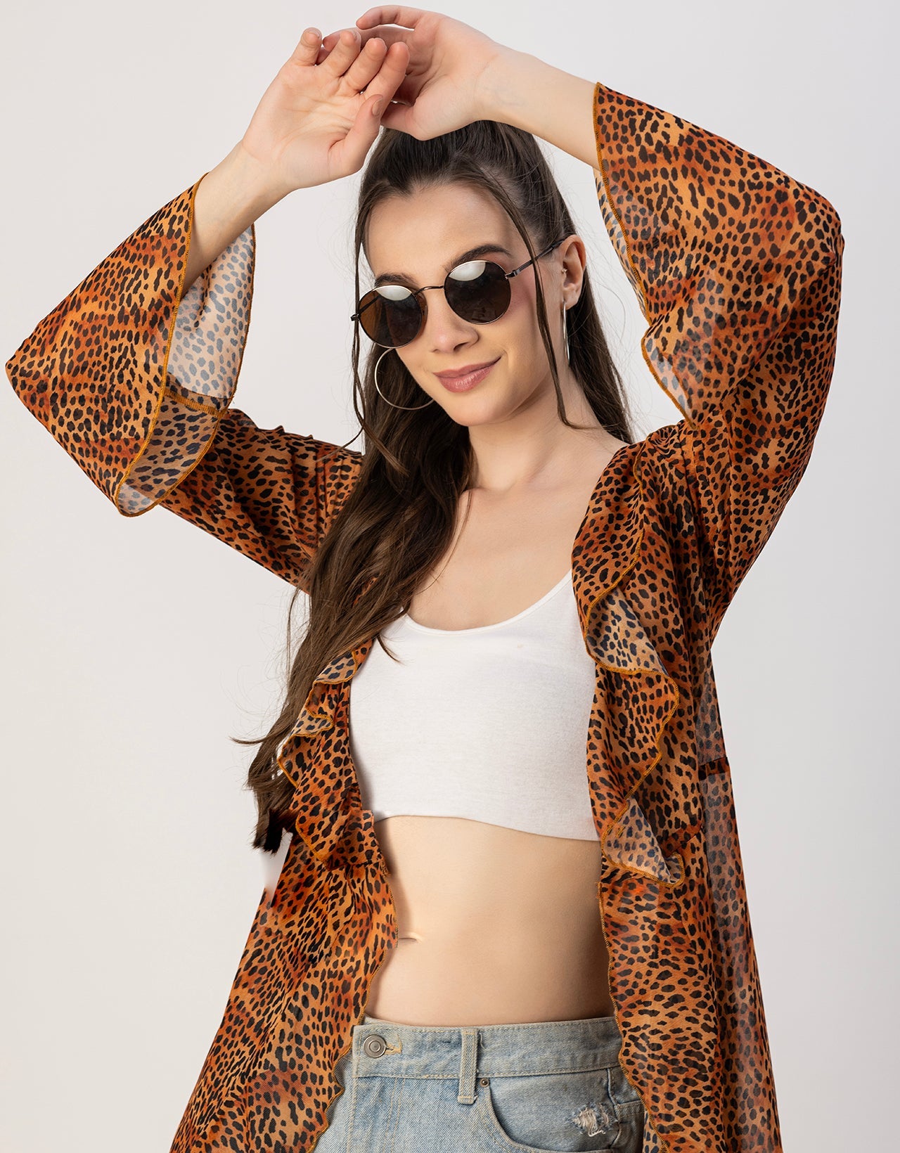 Long Sleeves V Neck Ruffle Printed Shrug