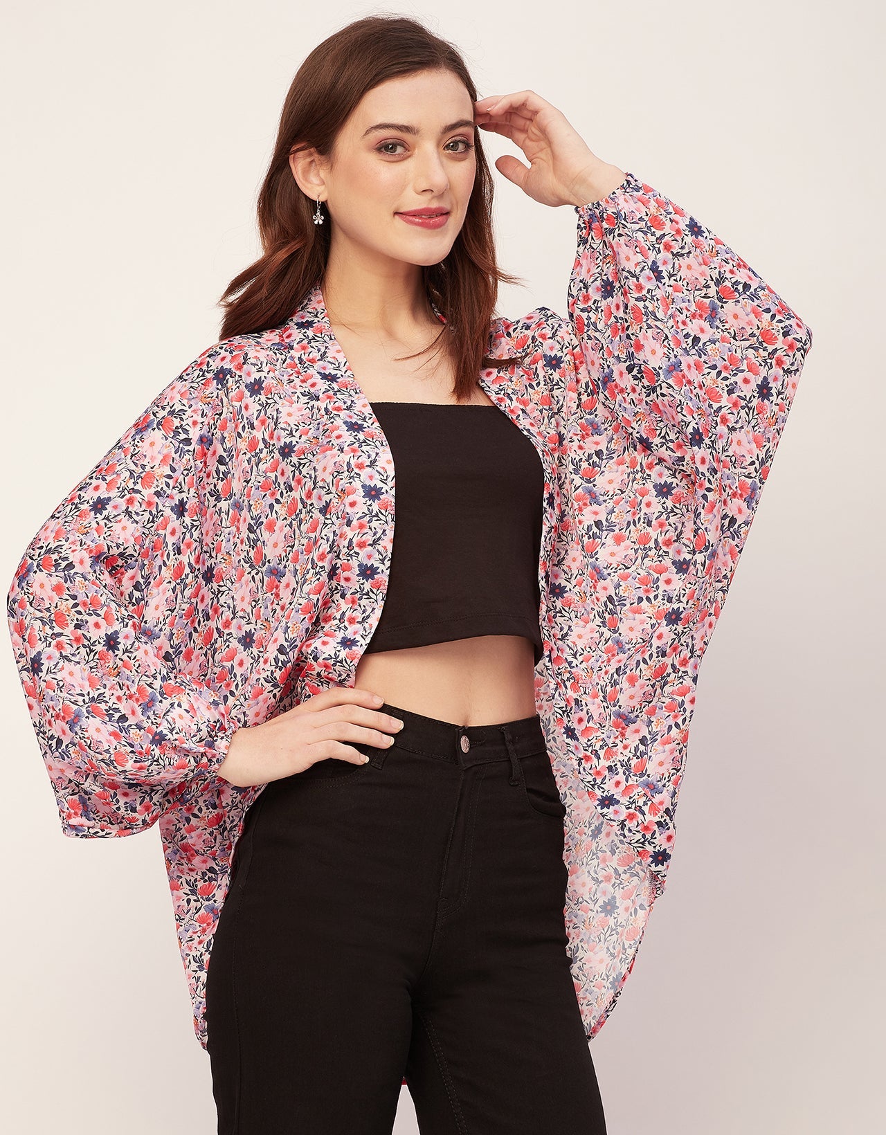 Long Sleeves V Neck Boxy Printed Shrug
