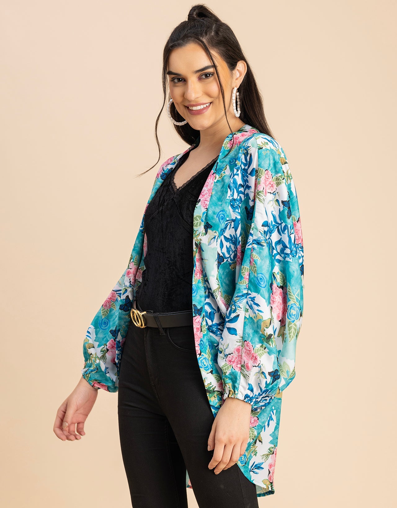 Long Sleeves V Neck Boxy Printed Shrug