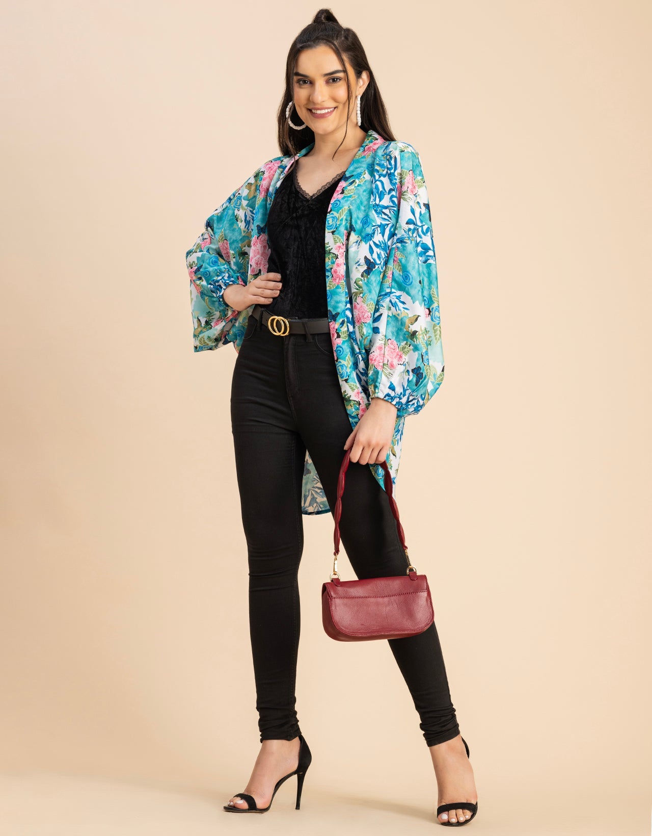 Long Sleeves V Neck Boxy Printed Shrug