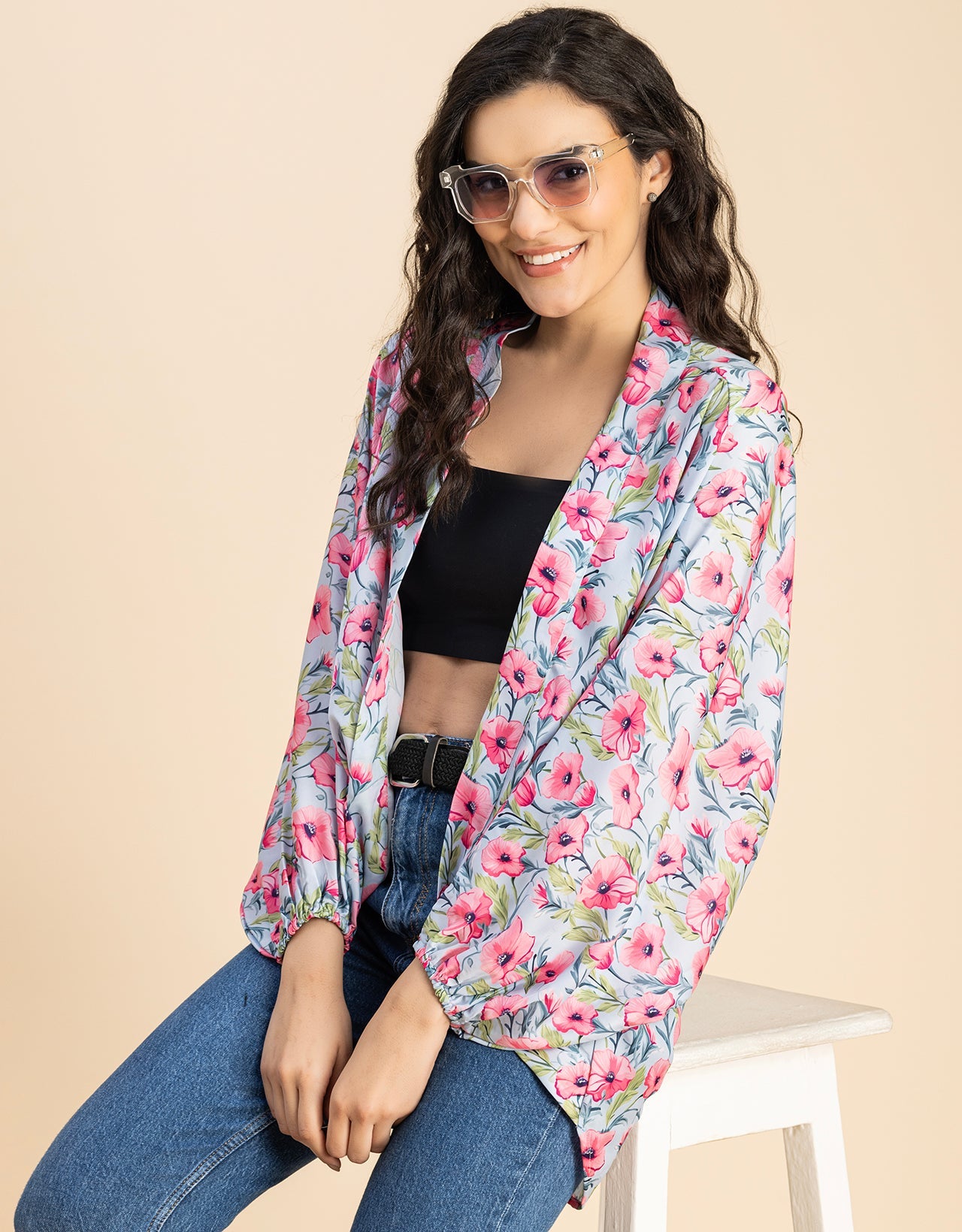 Long Sleeves V Neck Boxy Printed Shrug