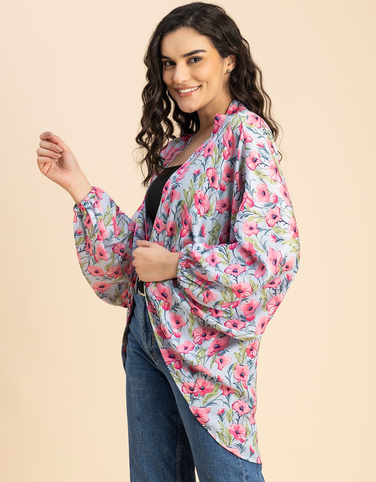 Long Sleeves V Neck Boxy Printed Shrug
