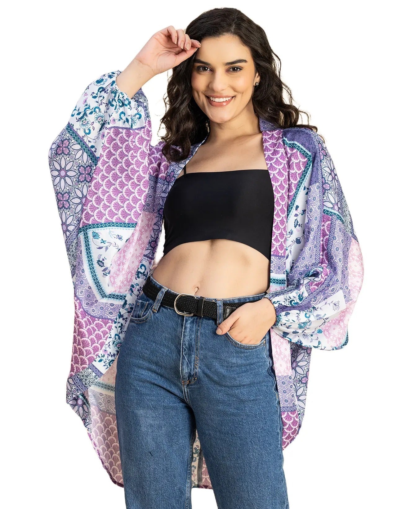 Long Sleeves V Neck Boxy Printed Shrug
