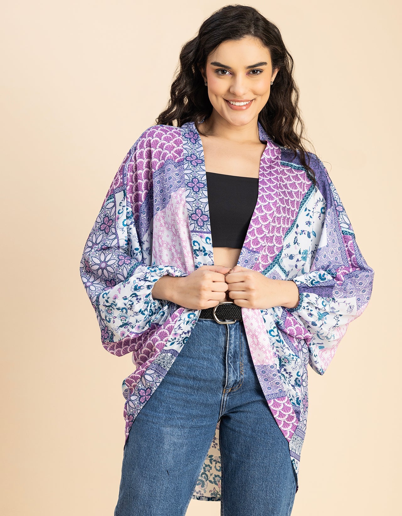 Long Sleeves V Neck Boxy Printed Shrug