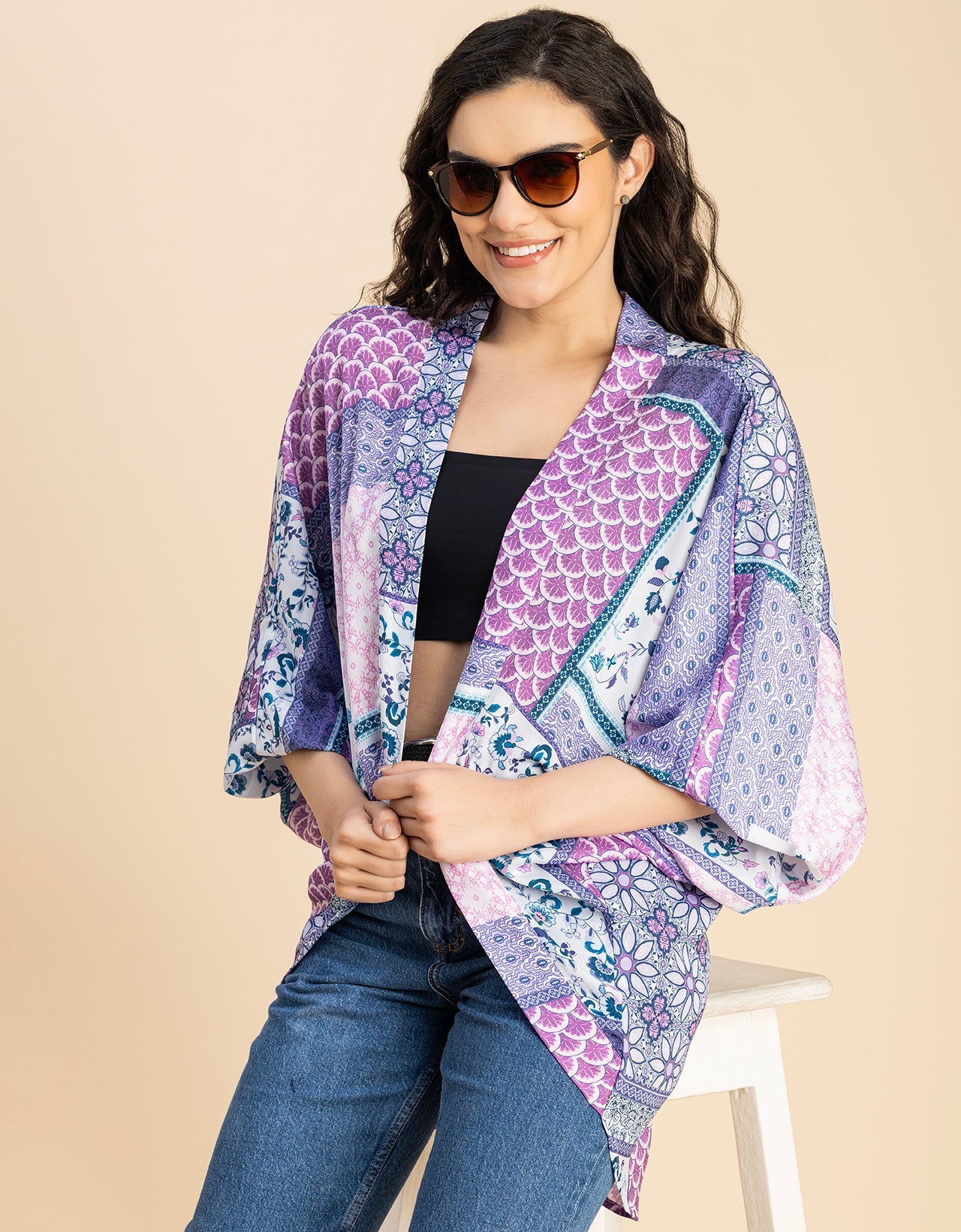 Long Sleeves V Neck Boxy Printed Shrug