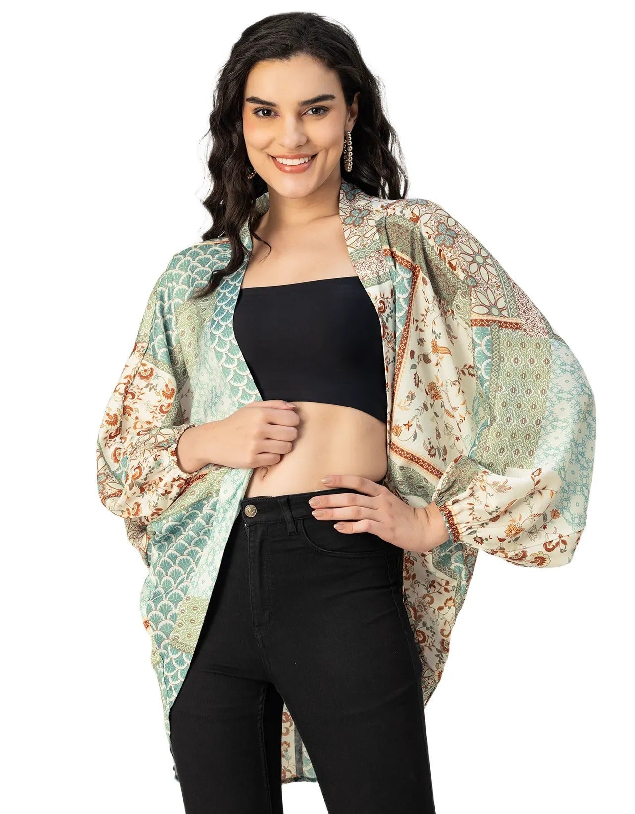 Long Sleeves V Neck Boxy Printed Shrug