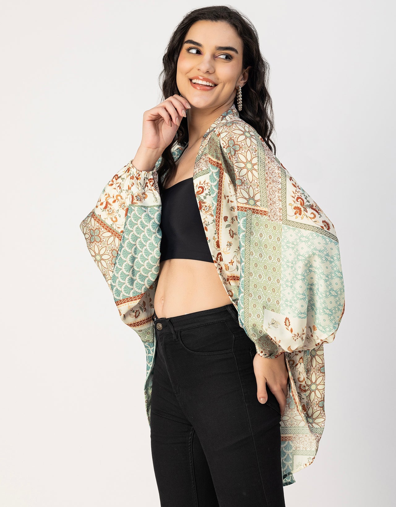 Long Sleeves V Neck Boxy Printed Shrug