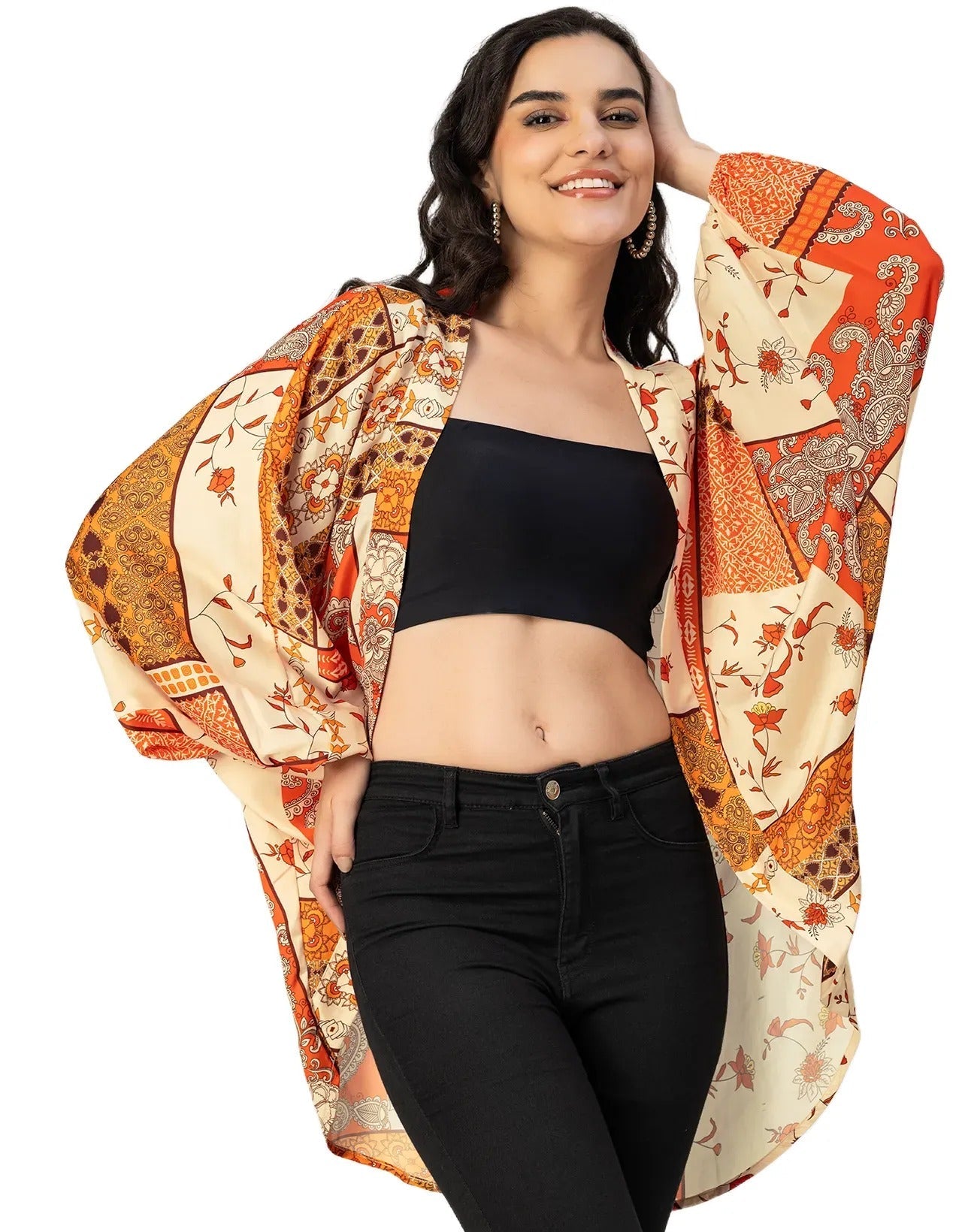 Long Sleeves V Neck Boxy Printed Shrug