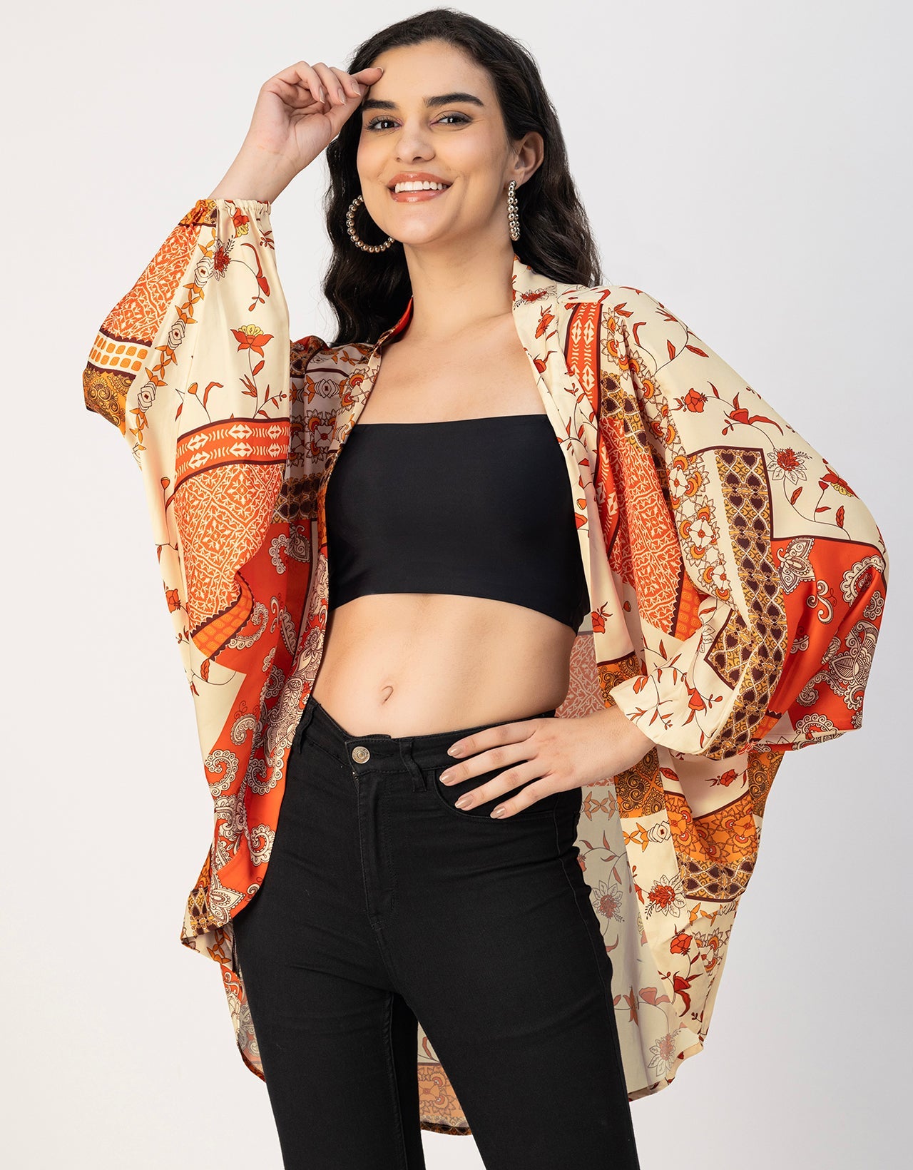 Long Sleeves V Neck Boxy Printed Shrug