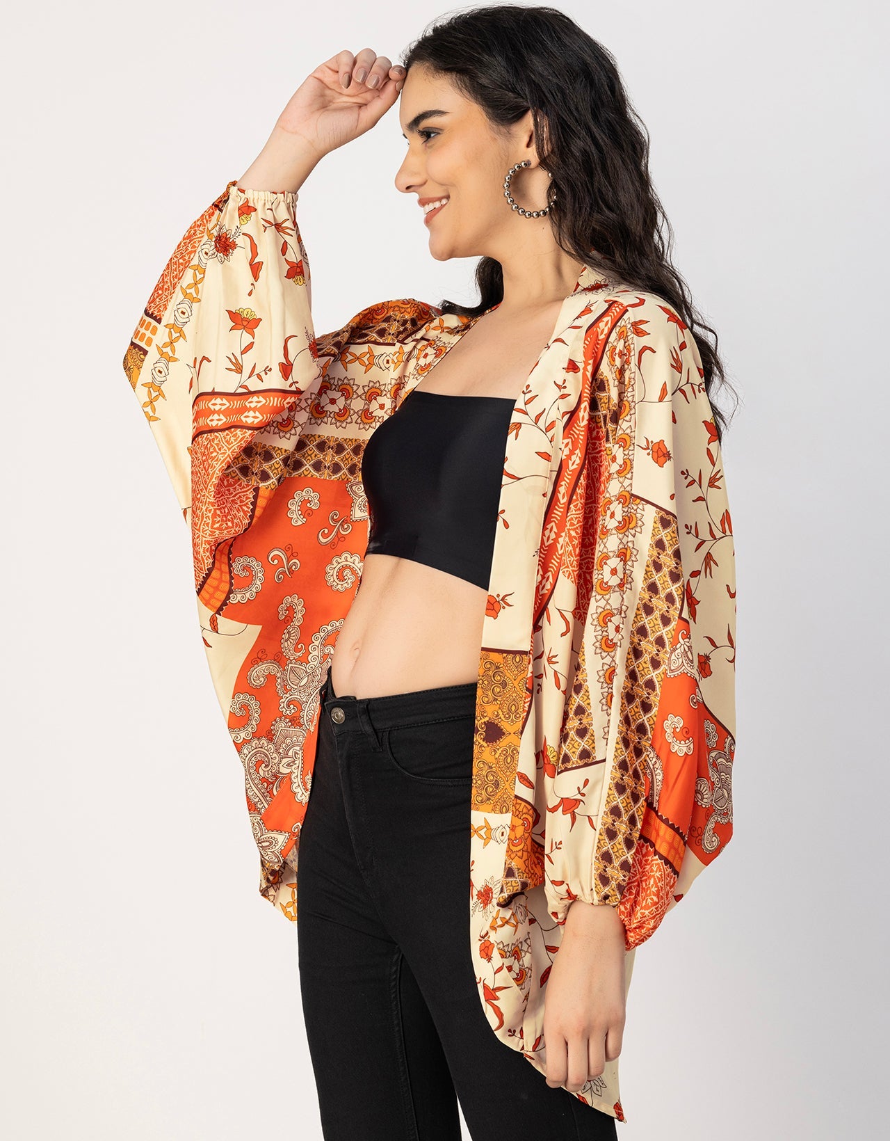 Long Sleeves V Neck Boxy Printed Shrug