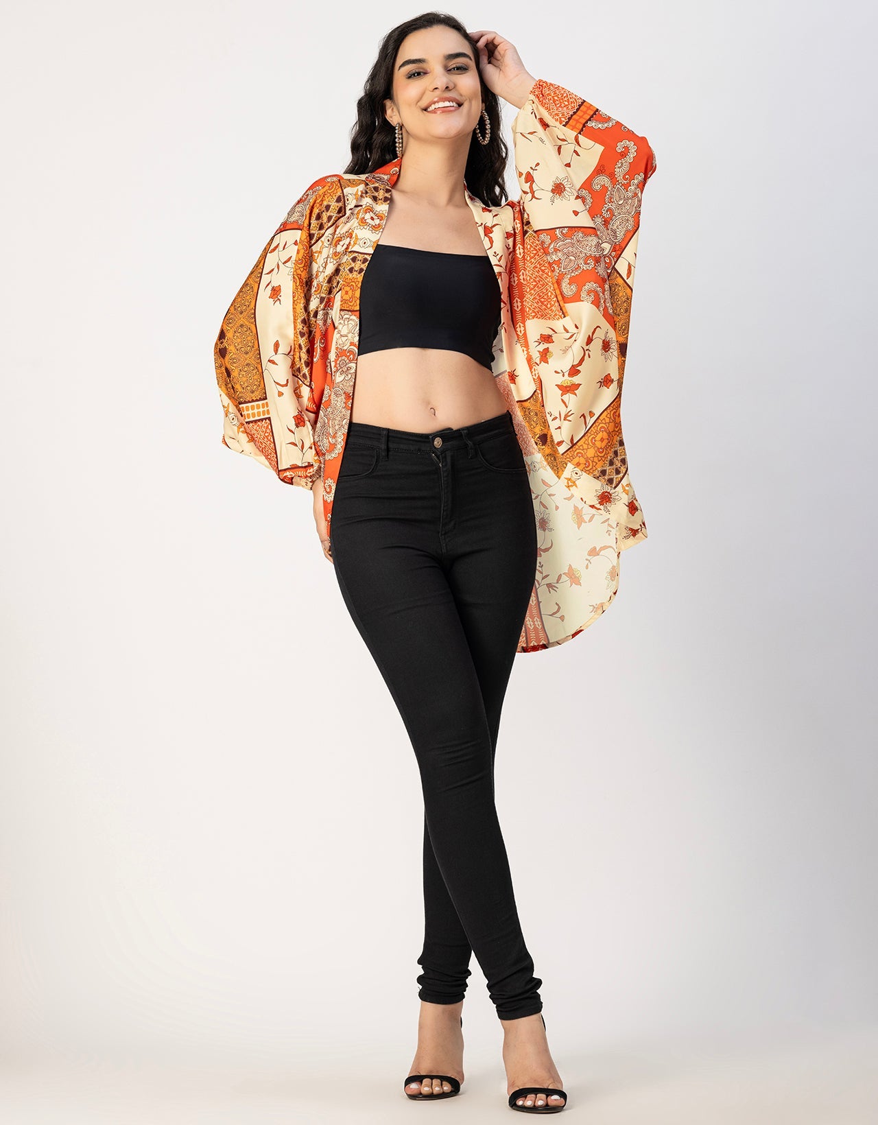 Long Sleeves V Neck Boxy Printed Shrug