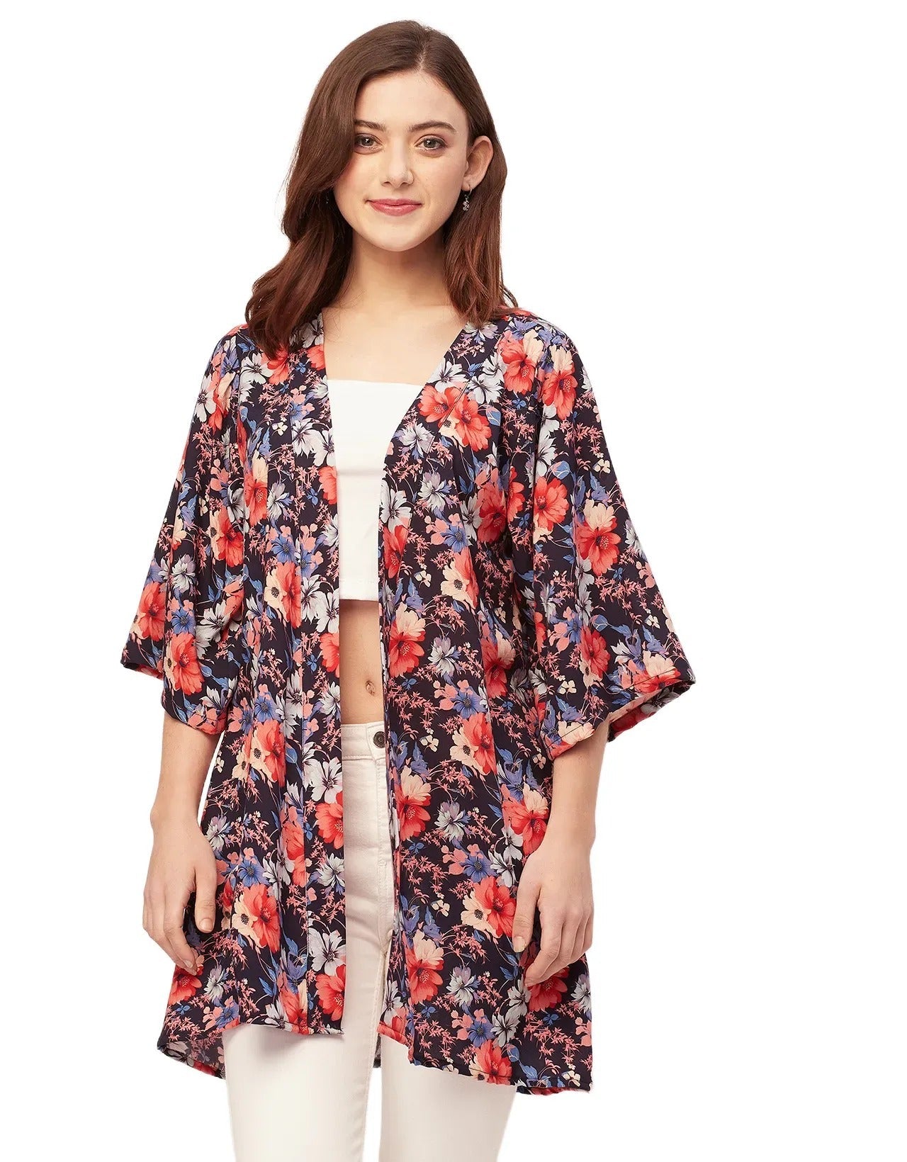 Kimono Sleeves V Neck Printed Rayon Shrug