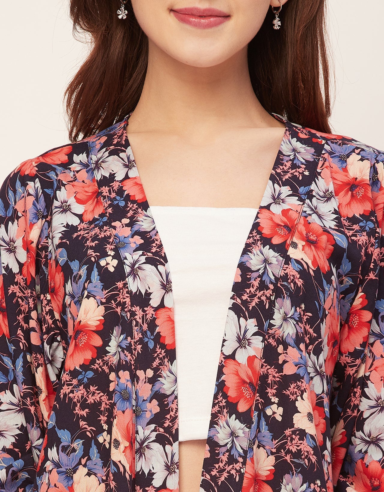 Kimono Sleeves V Neck Printed Rayon Shrug