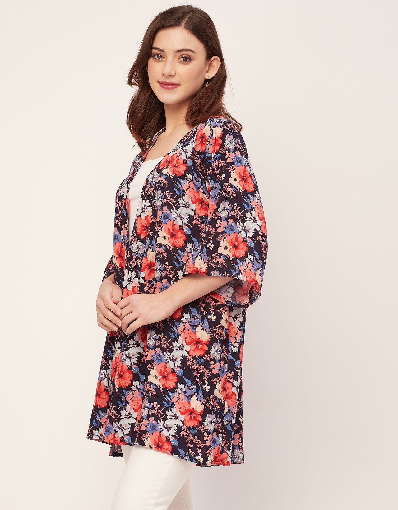 Kimono Sleeves V Neck Printed Rayon Shrug