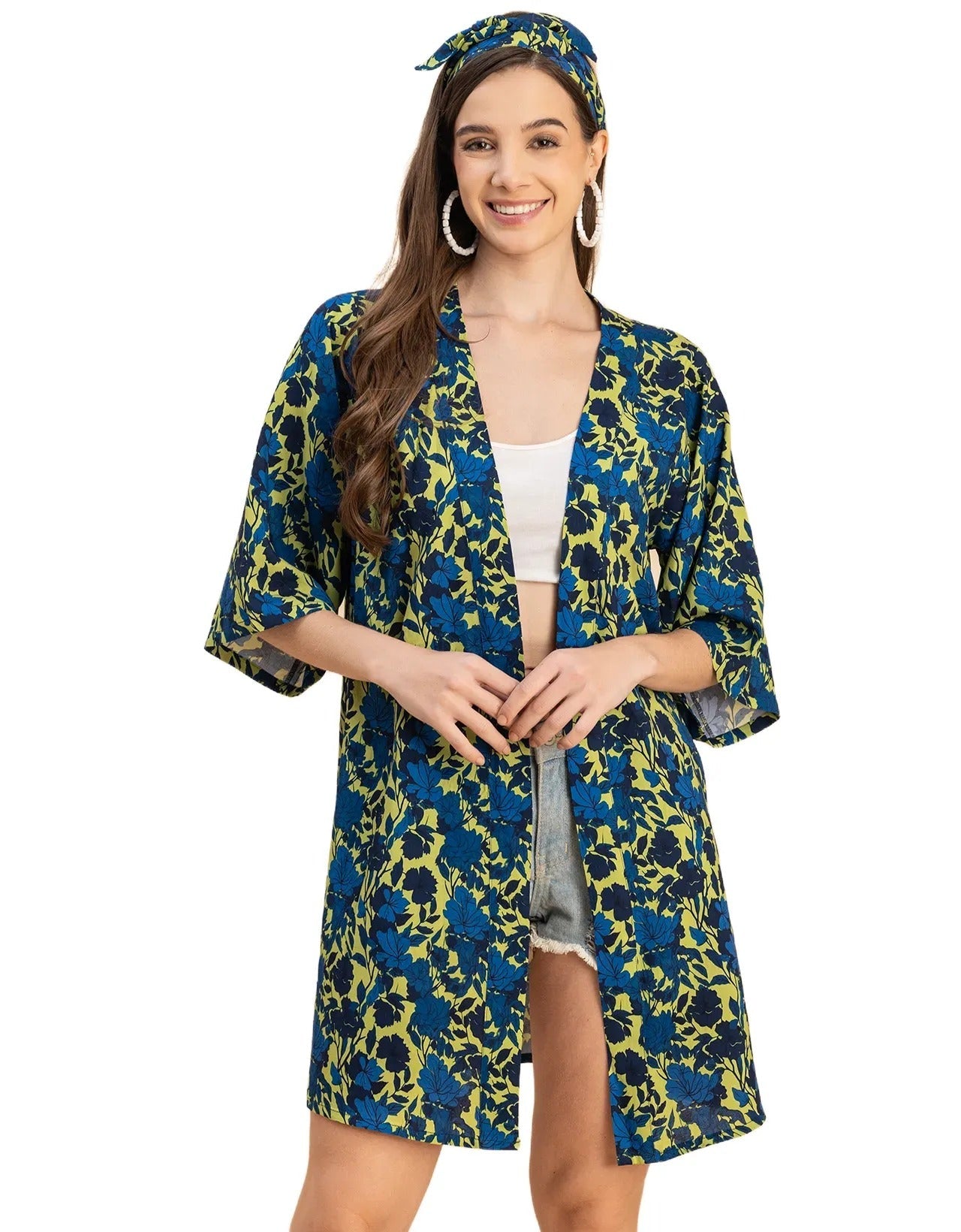 Kimono Sleeves V Neck Printed Rayon Shrug