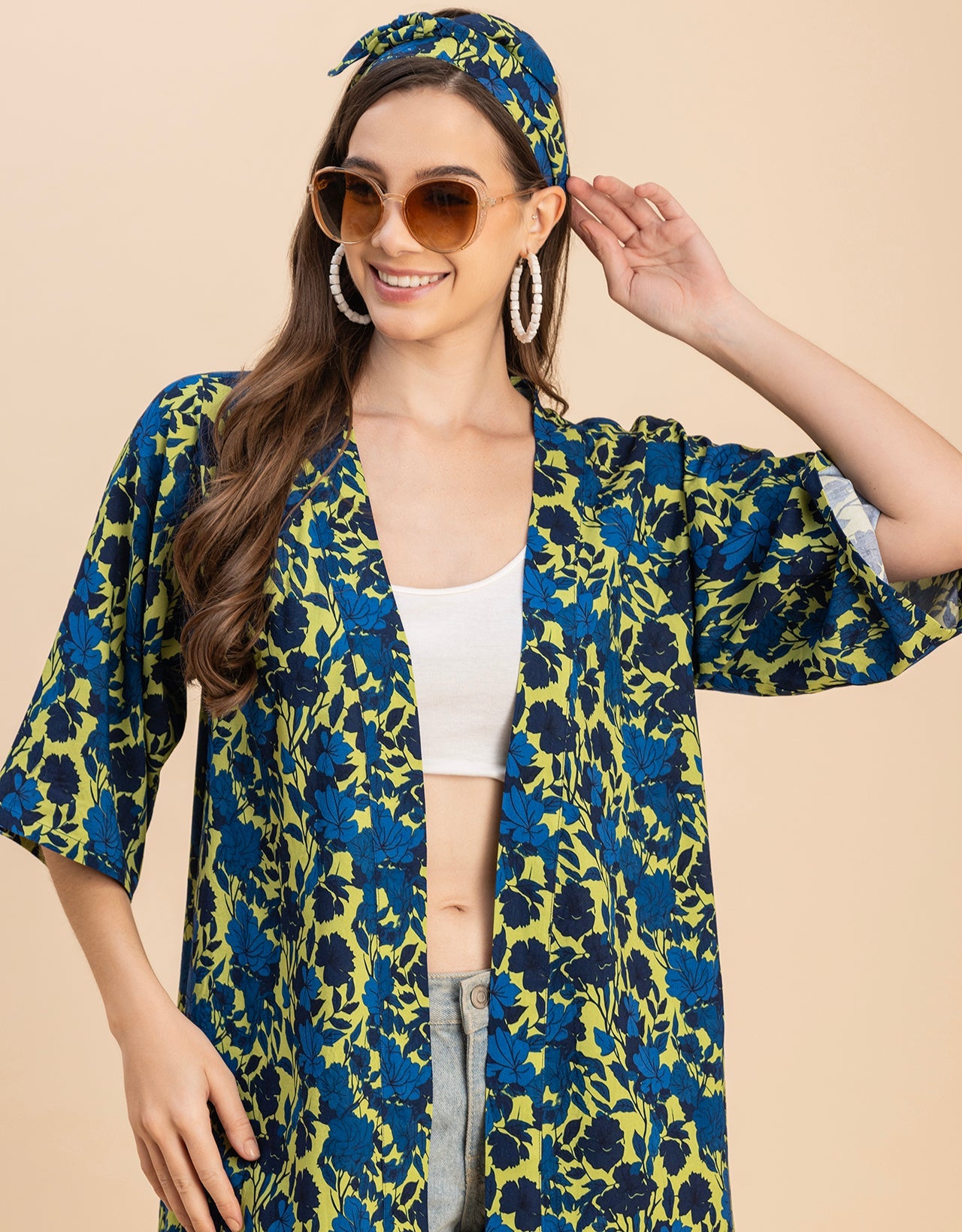 Kimono Sleeves V Neck Printed Rayon Shrug