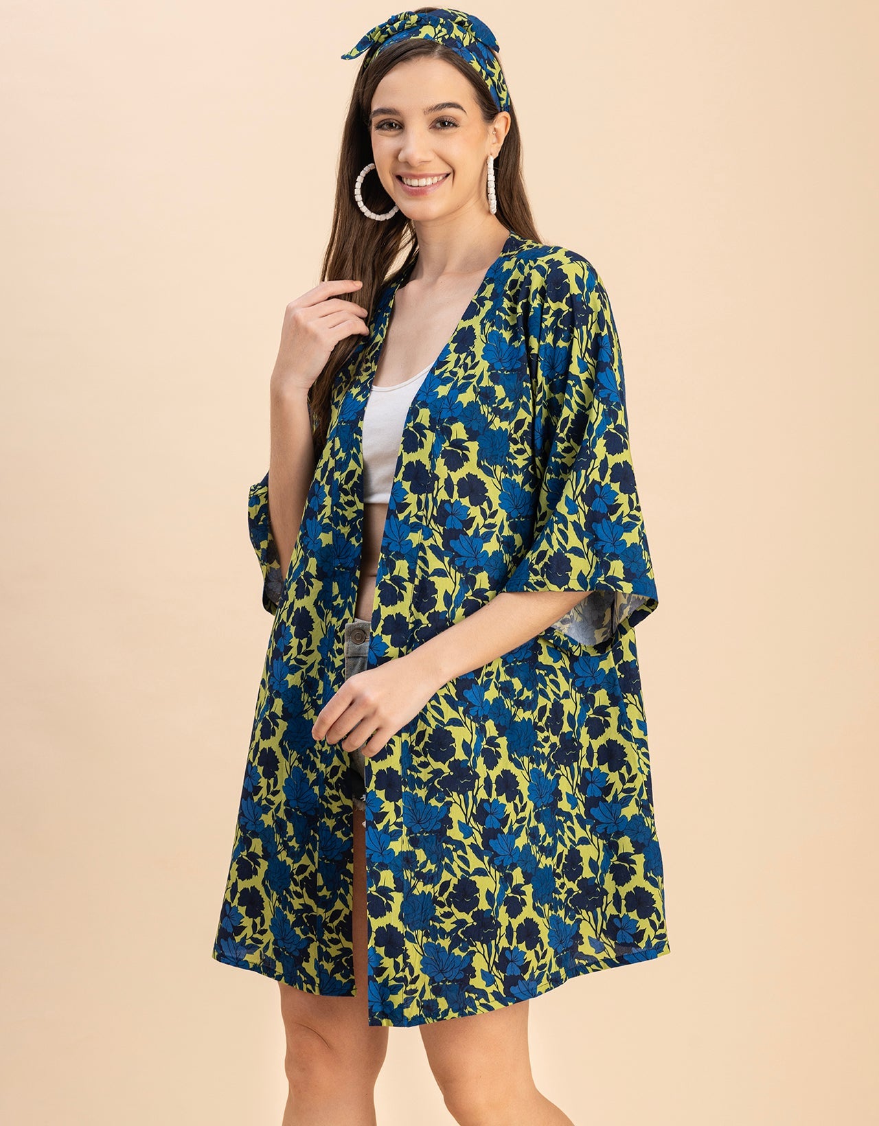 Kimono Sleeves V Neck Printed Rayon Shrug