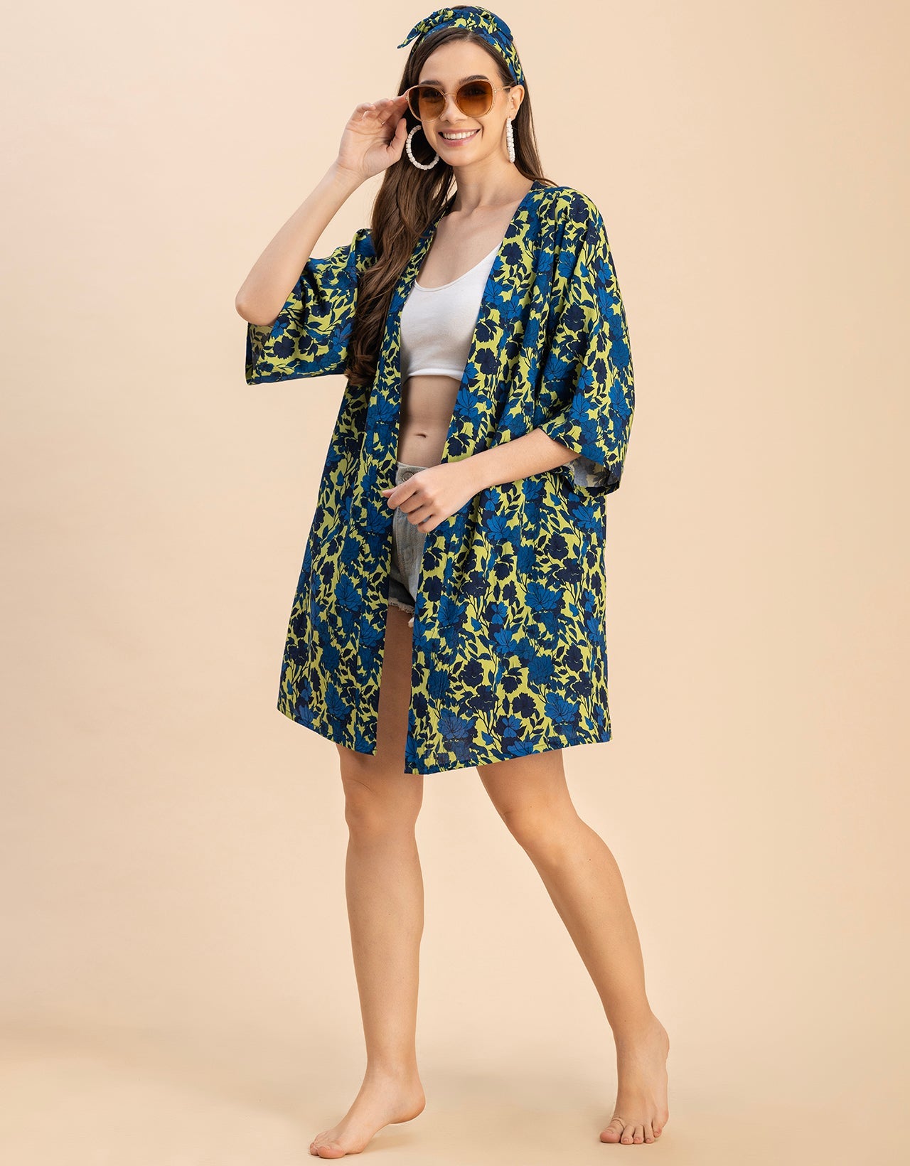 Kimono Sleeves V Neck Printed Rayon Shrug
