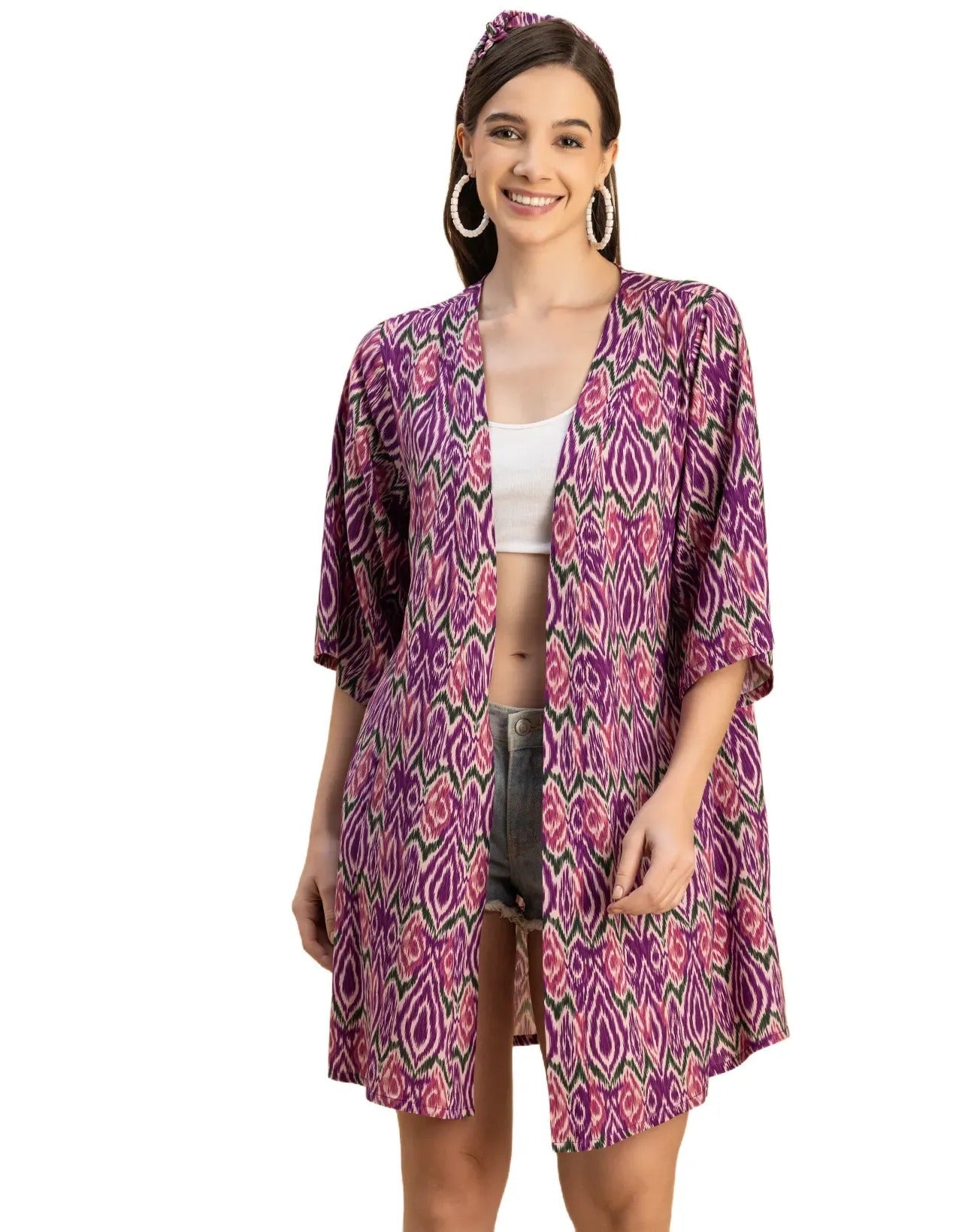 Kimono Sleeves V Neck Printed Rayon Shrug