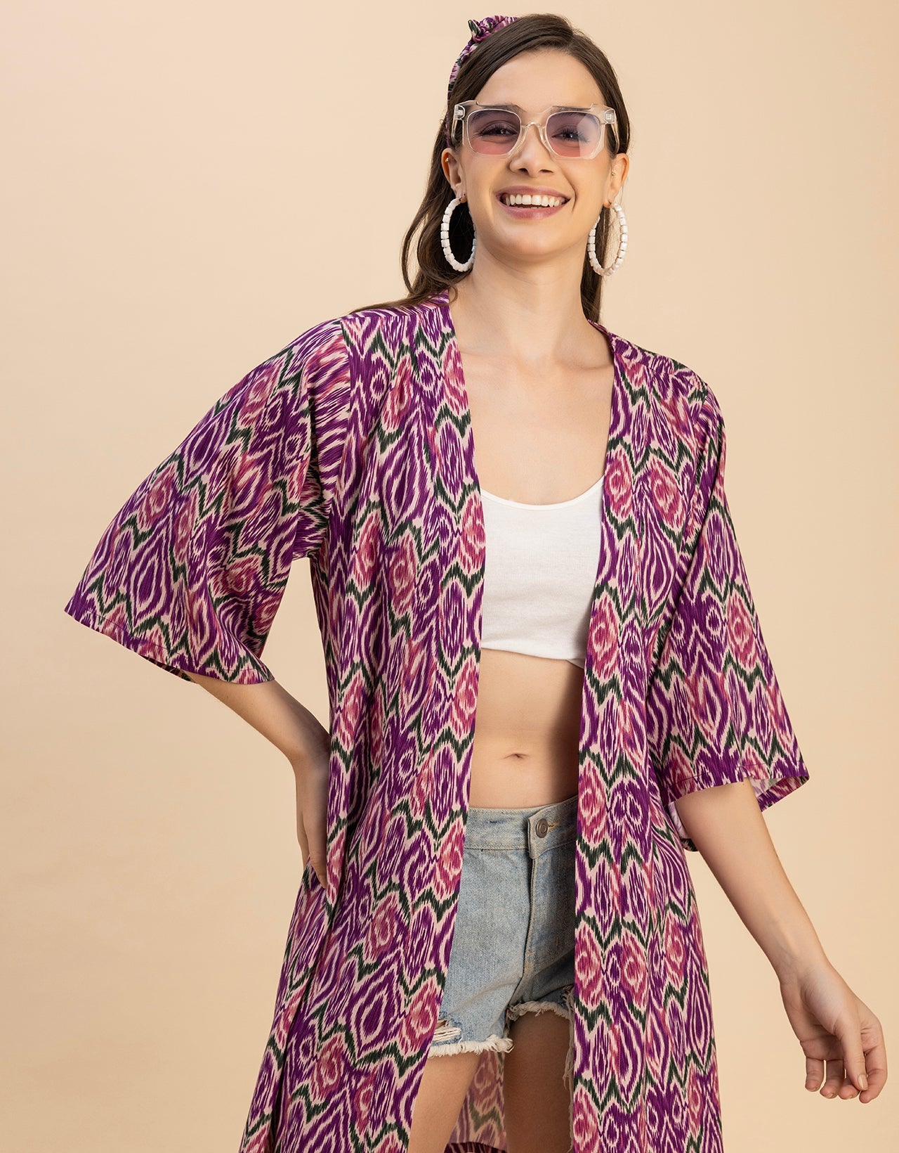 Kimono Sleeves V Neck Printed Rayon Shrug