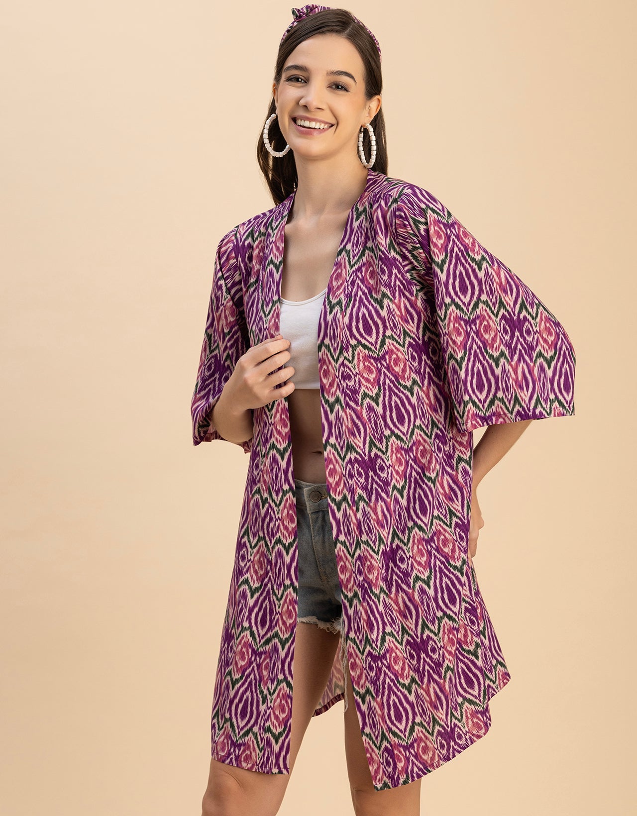 Kimono Sleeves V Neck Printed Rayon Shrug