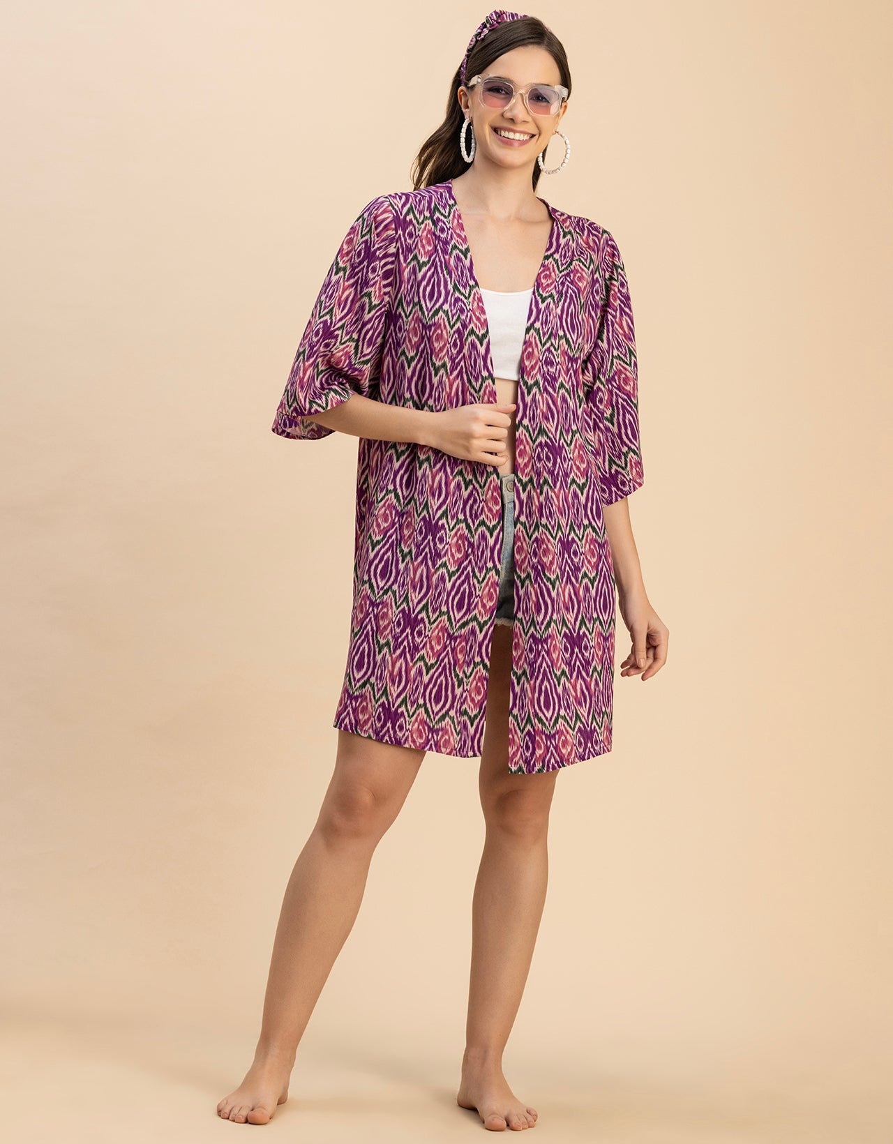 Kimono Sleeves V Neck Printed Rayon Shrug