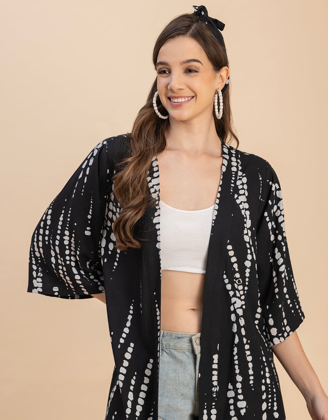 Kimono Sleeves V Neck Printed Rayon Shrug