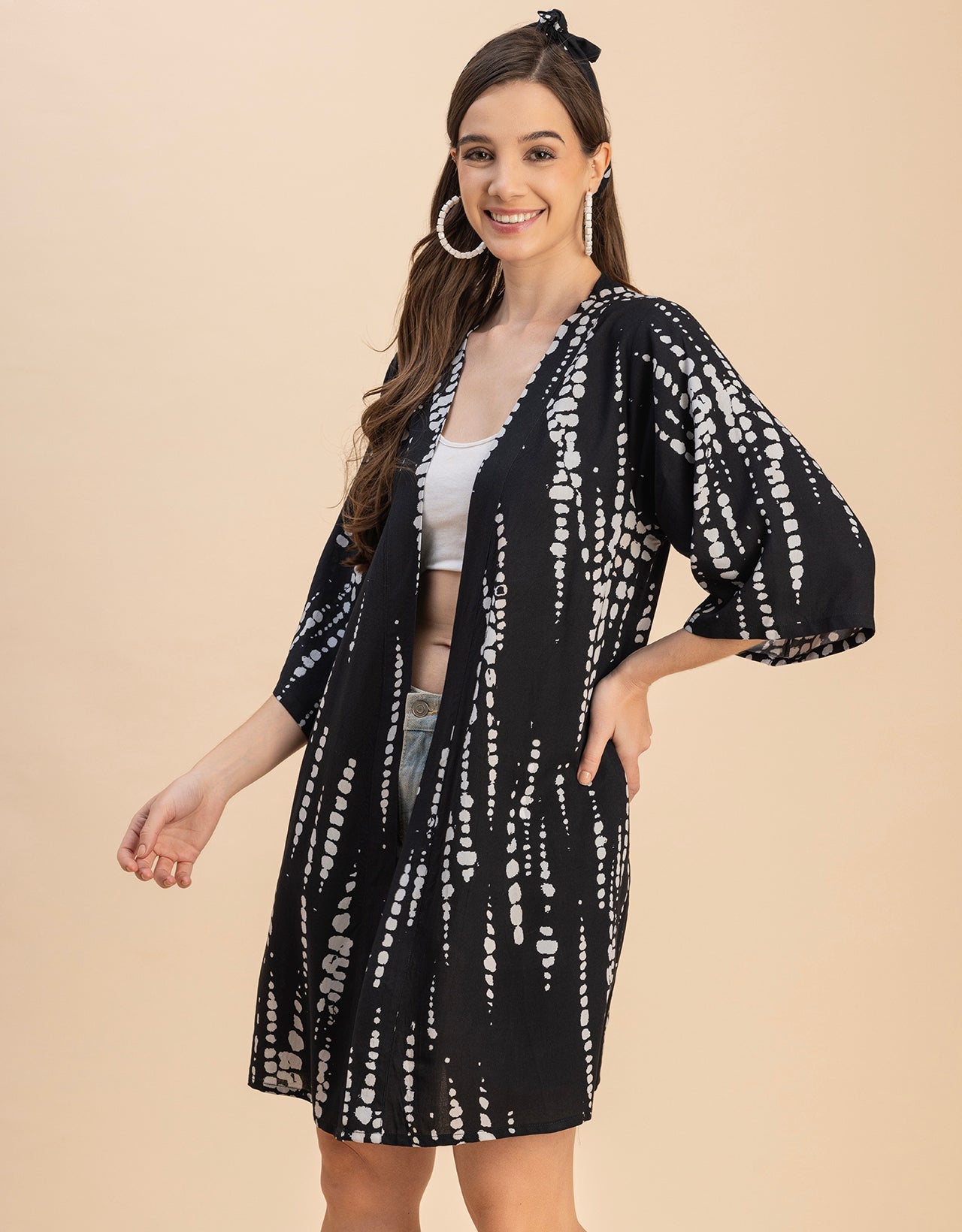 Kimono Sleeves V Neck Printed Rayon Shrug