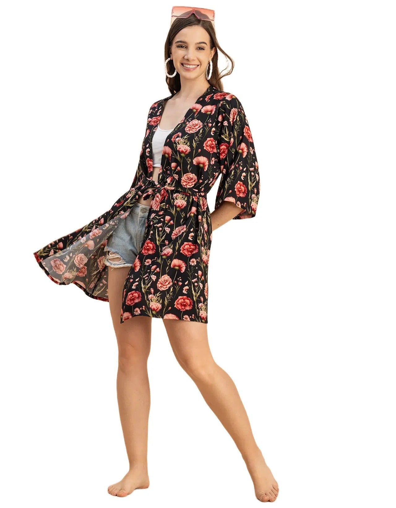 Kimono Sleeves V Neck Printed Rayon Shrug