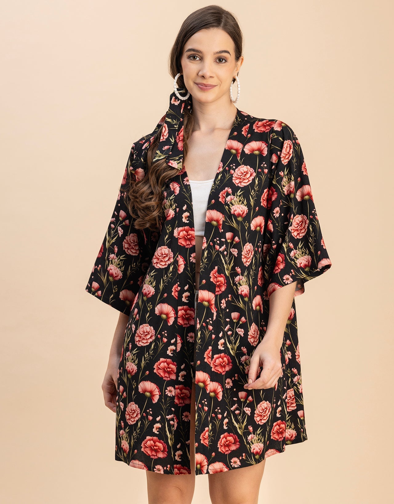 Kimono Sleeves V Neck Printed Rayon Shrug