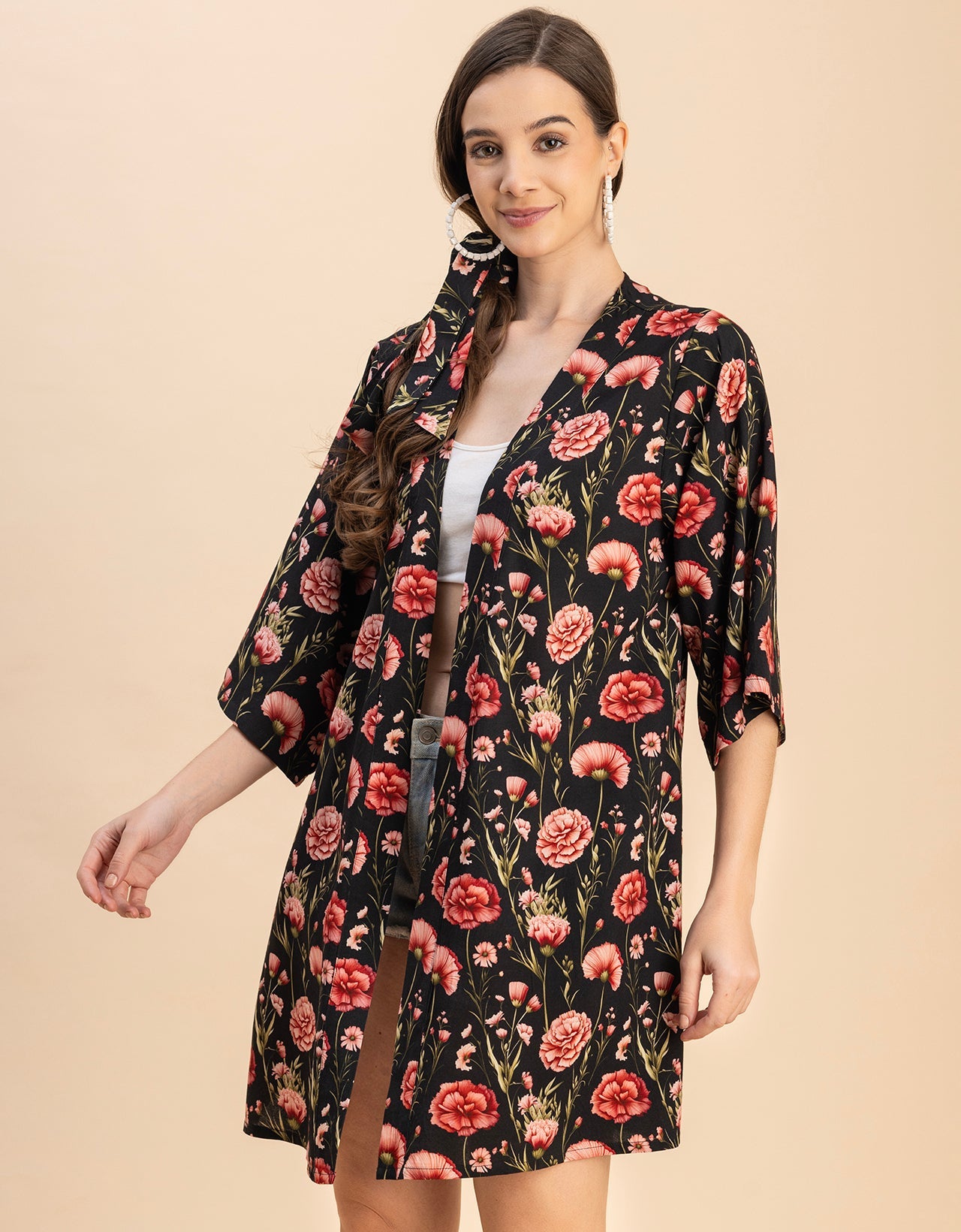Kimono Sleeves V Neck Printed Rayon Shrug