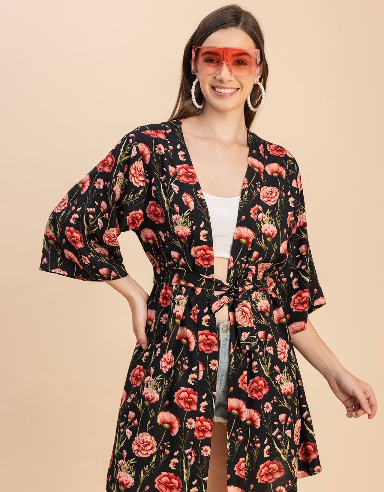 Kimono Sleeves V Neck Printed Rayon Shrug
