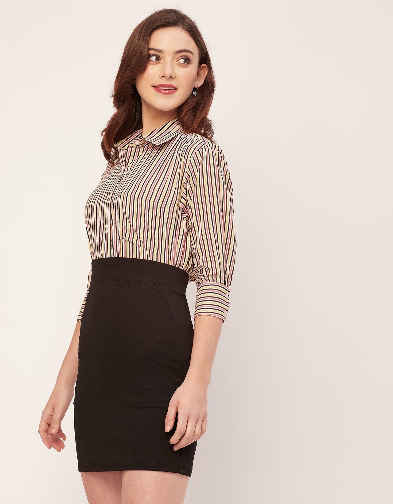 Cuff Sleeves Spread Collar Cotton Shirt