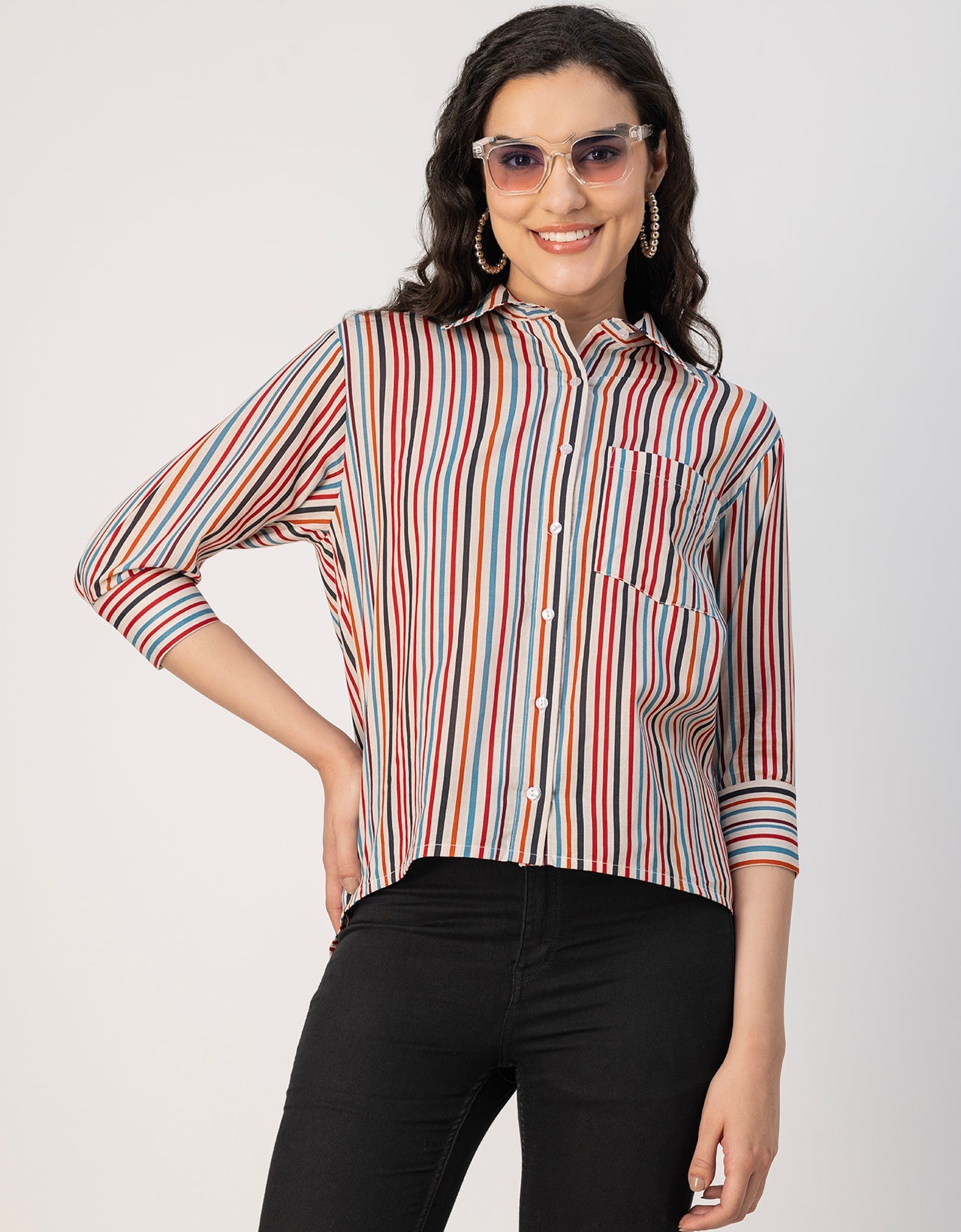 Cuff Sleeves Spread Collar Cotton Shirt