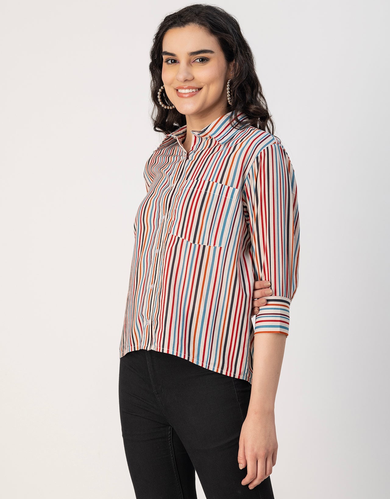Cuff Sleeves Spread Collar Cotton Shirt
