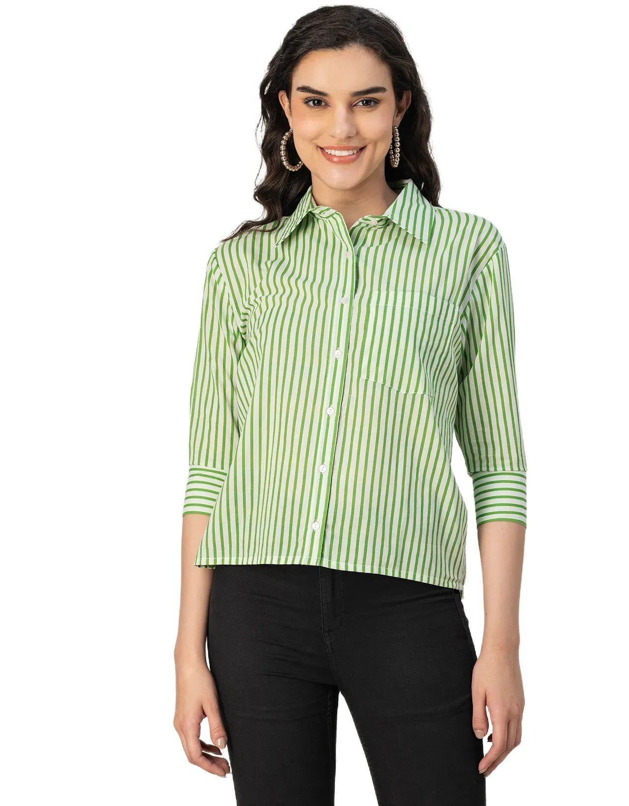 Cuff Sleeves Spread Collar Cotton Shirt